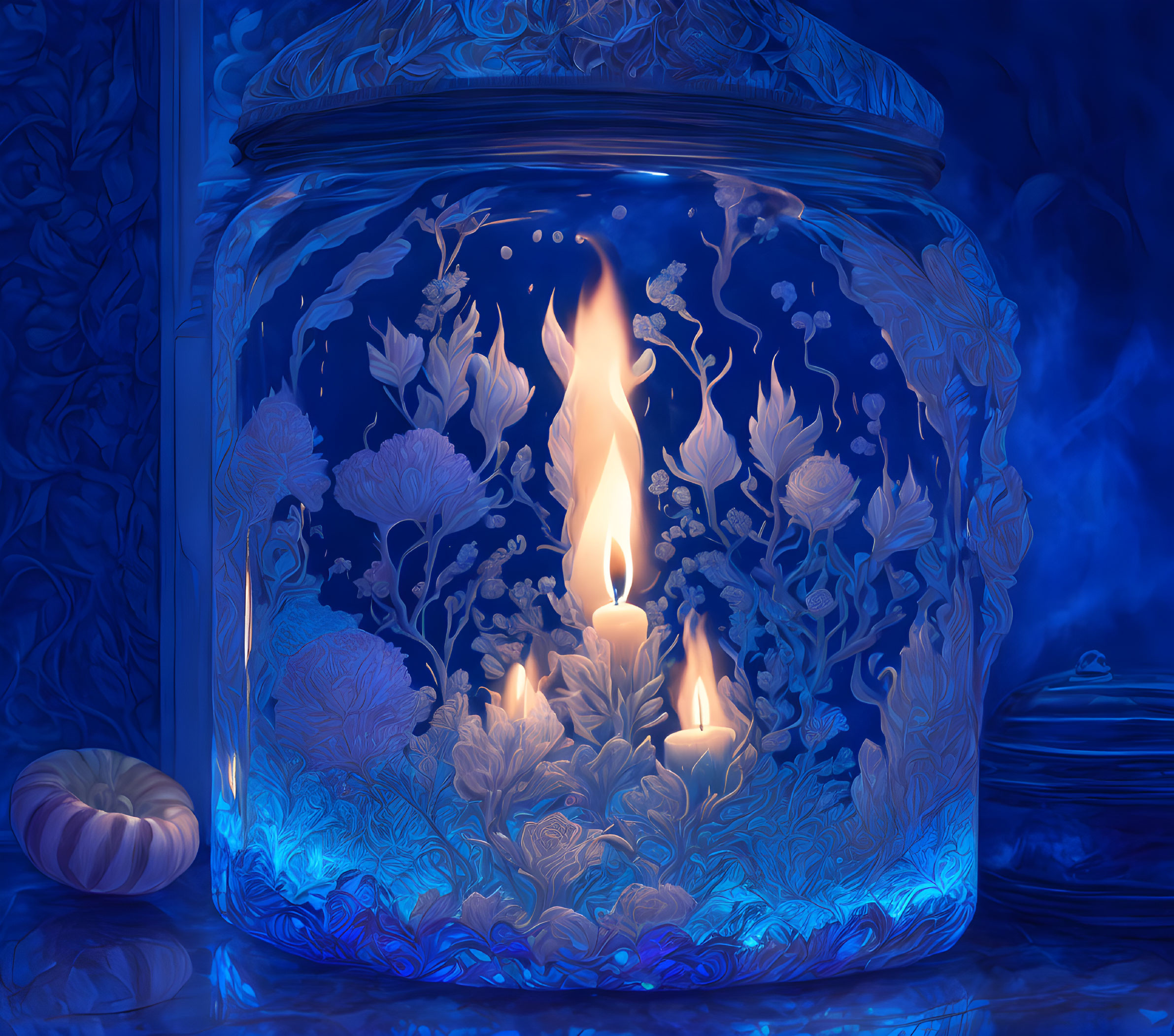 Colorful Candle Burning in Blue Glass Jar with Floral Patterns on Botanical Background