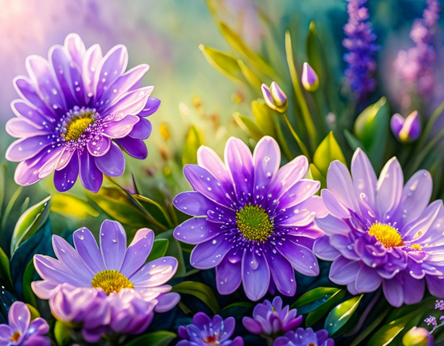 Vibrant Purple Daisies with Yellow Centers in Lush Greenery