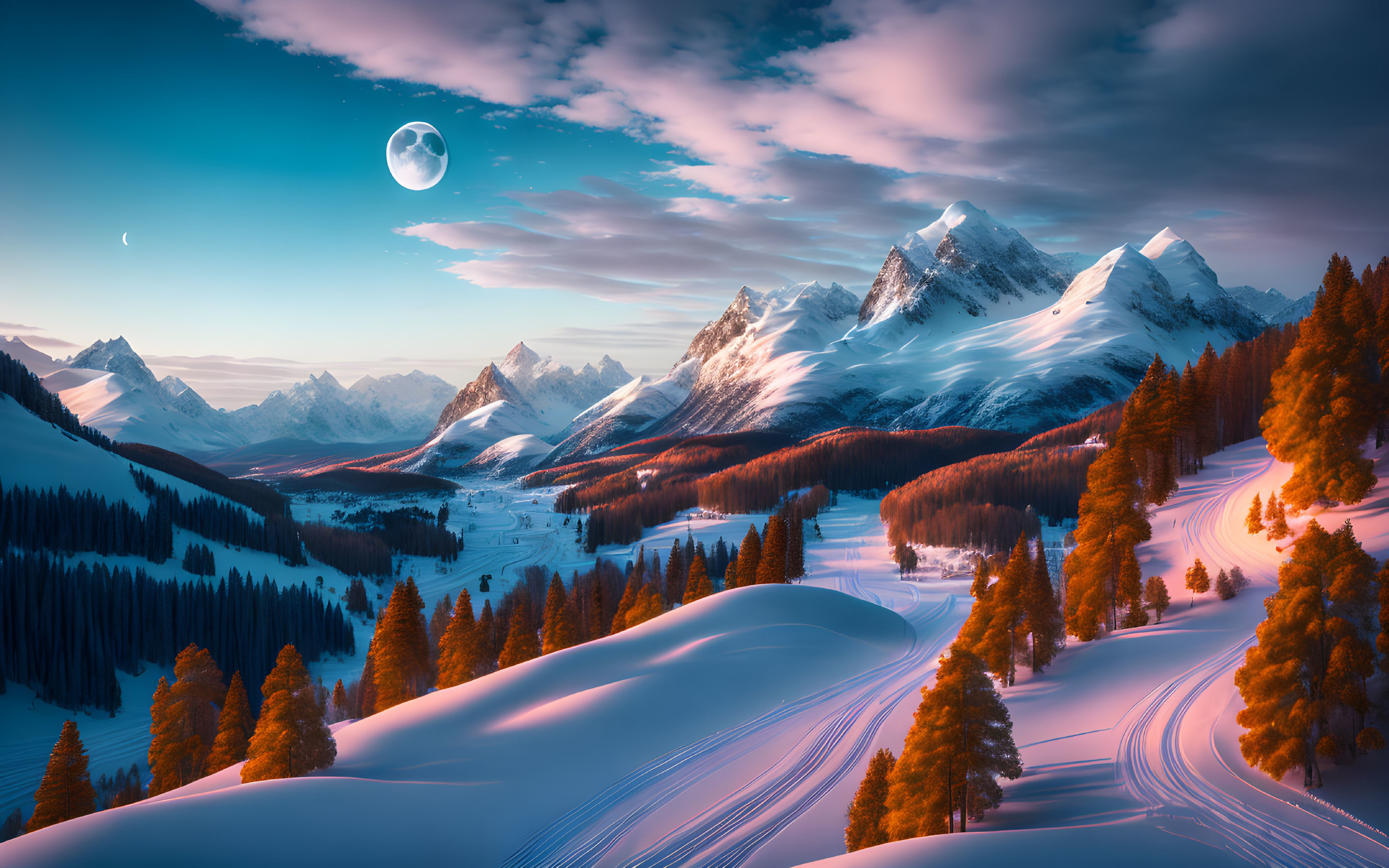 Snowy Peaks and Autumnal Forest in Dusk Winter Landscape