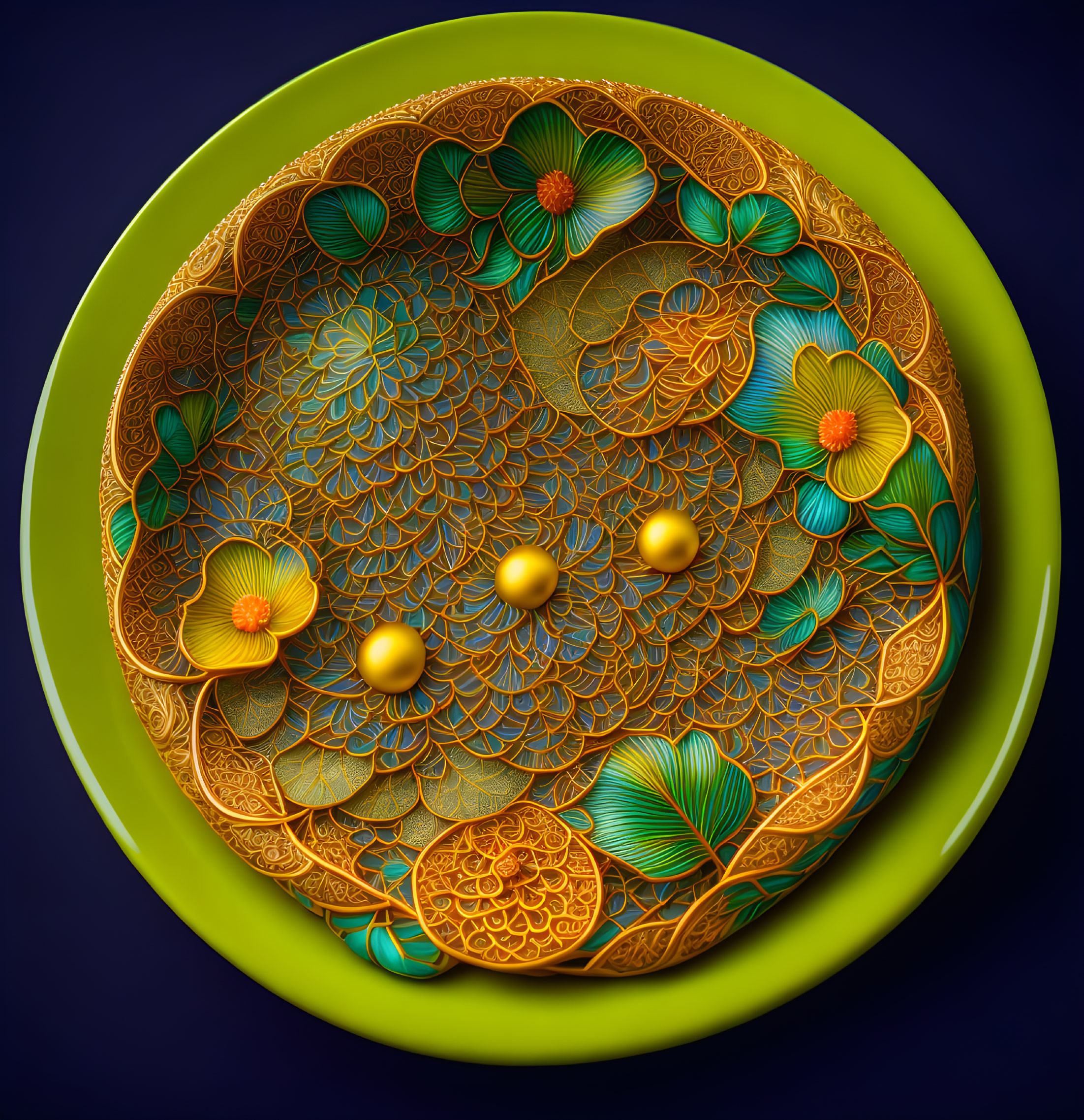 Colorful Digital Art: Green Plate with Golden Floral Patterns