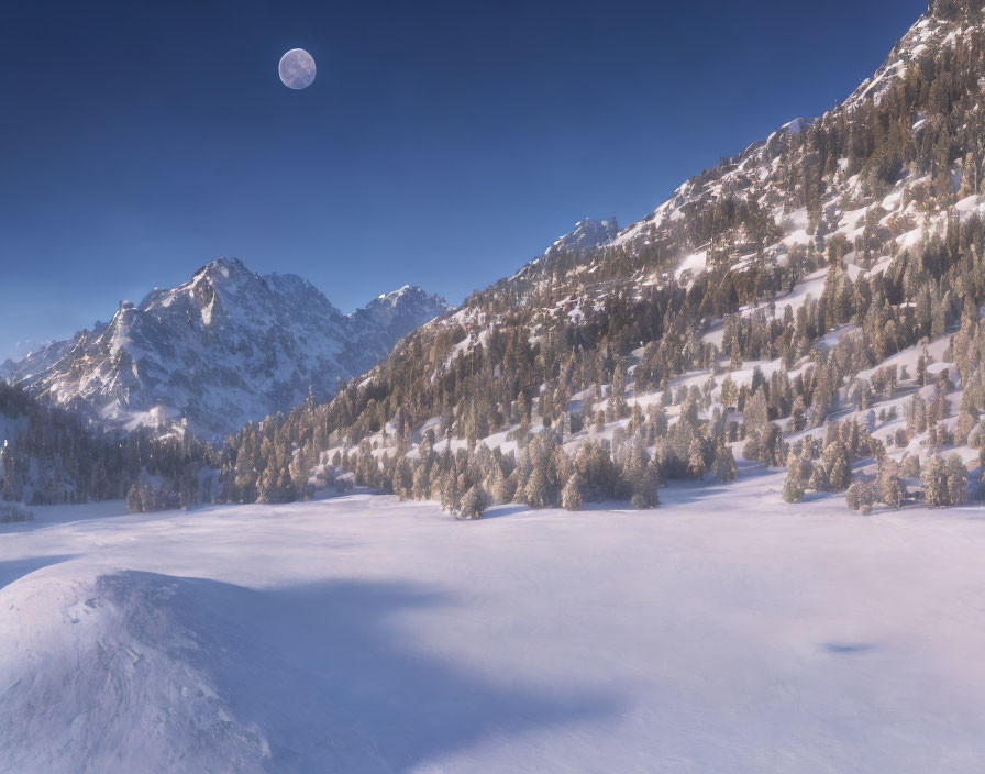 Snowy Twilight Scene: Mountains, Trees, Moon