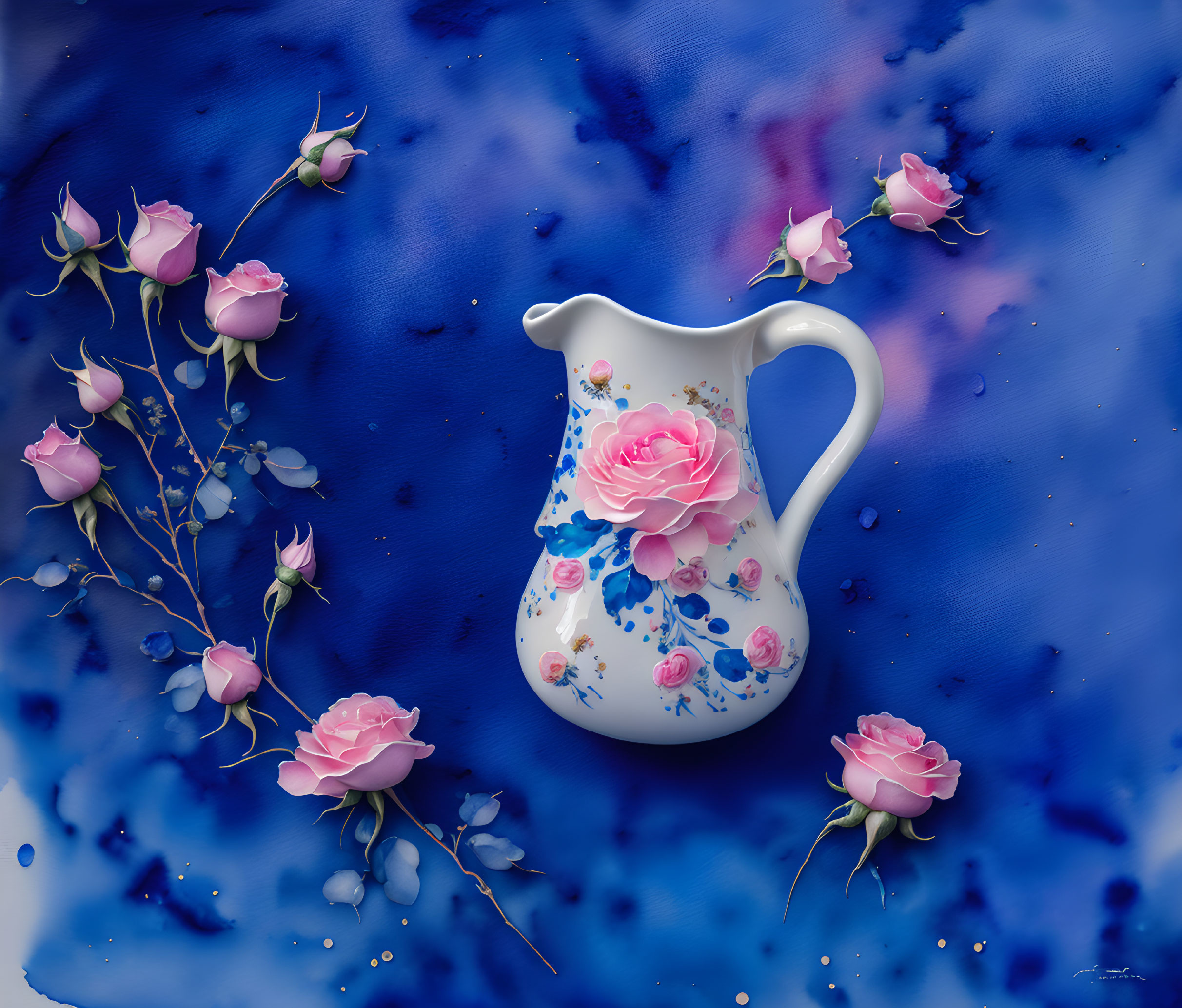 Floral-patterned white jug with pink roses on blue background