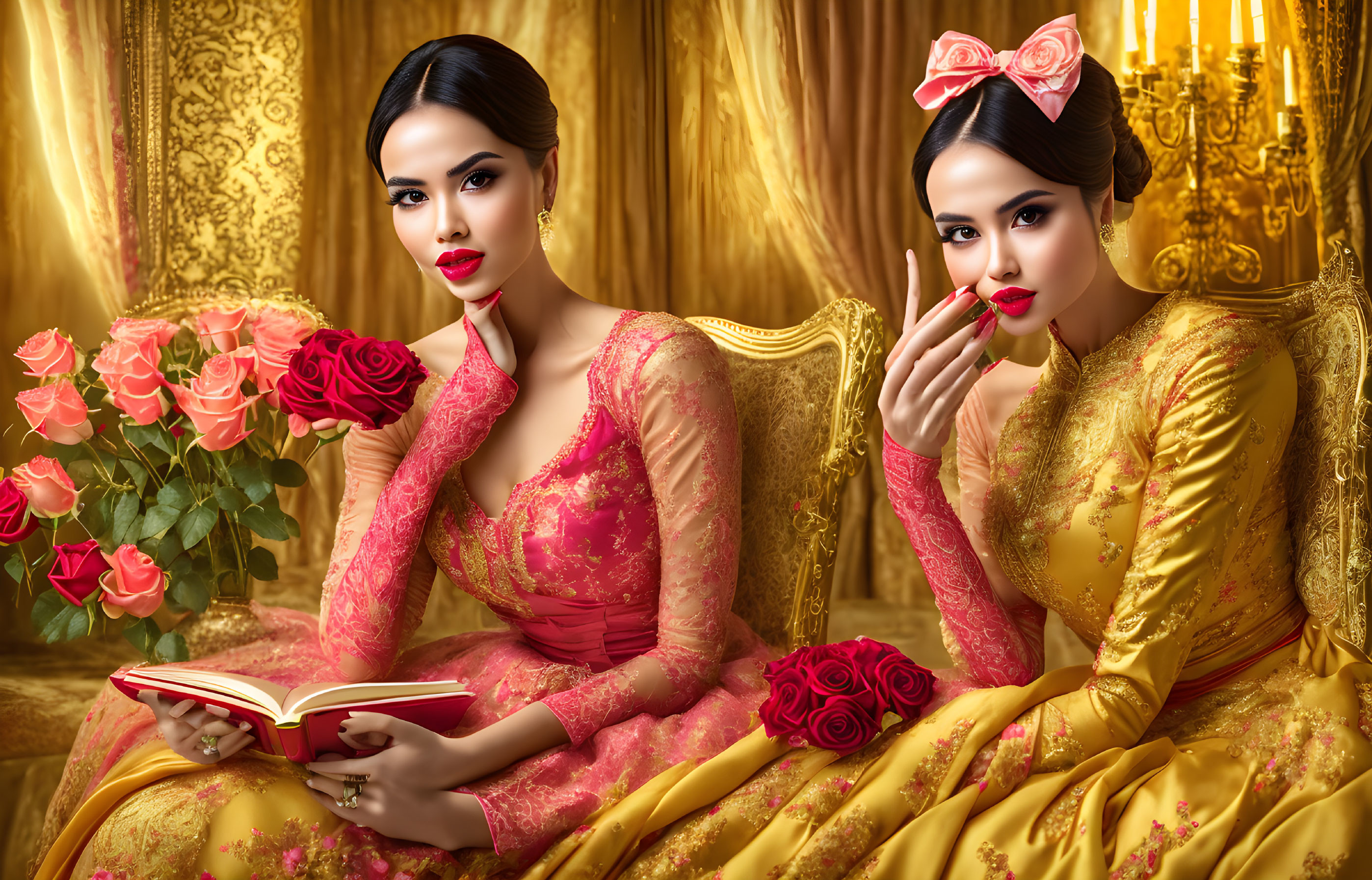 Two women in golden traditional dresses with floral patterns, one reading a book and the other holding a rose