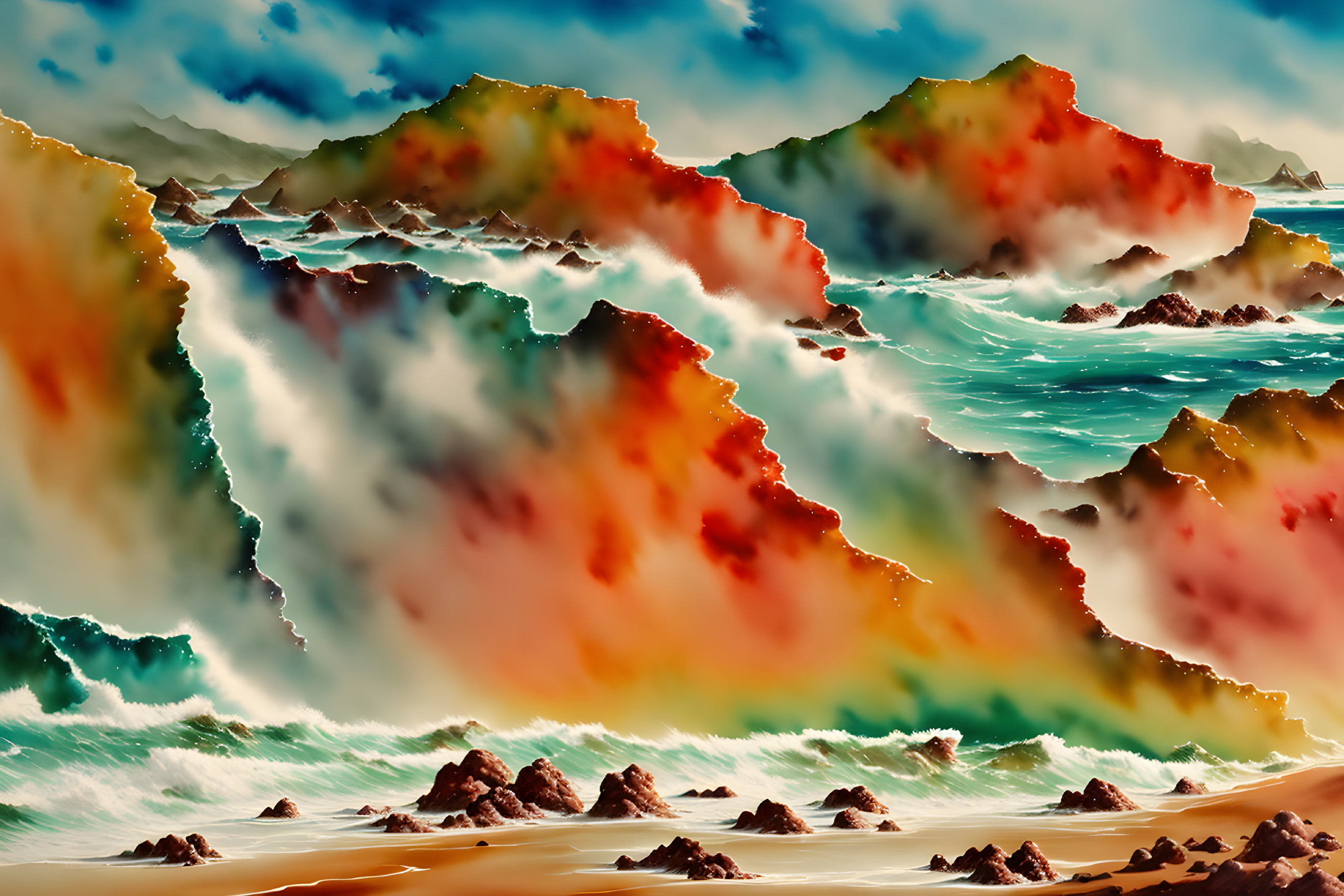 Colorful Jagged Cliffs Over Turquoise Waves and Sandy Shore