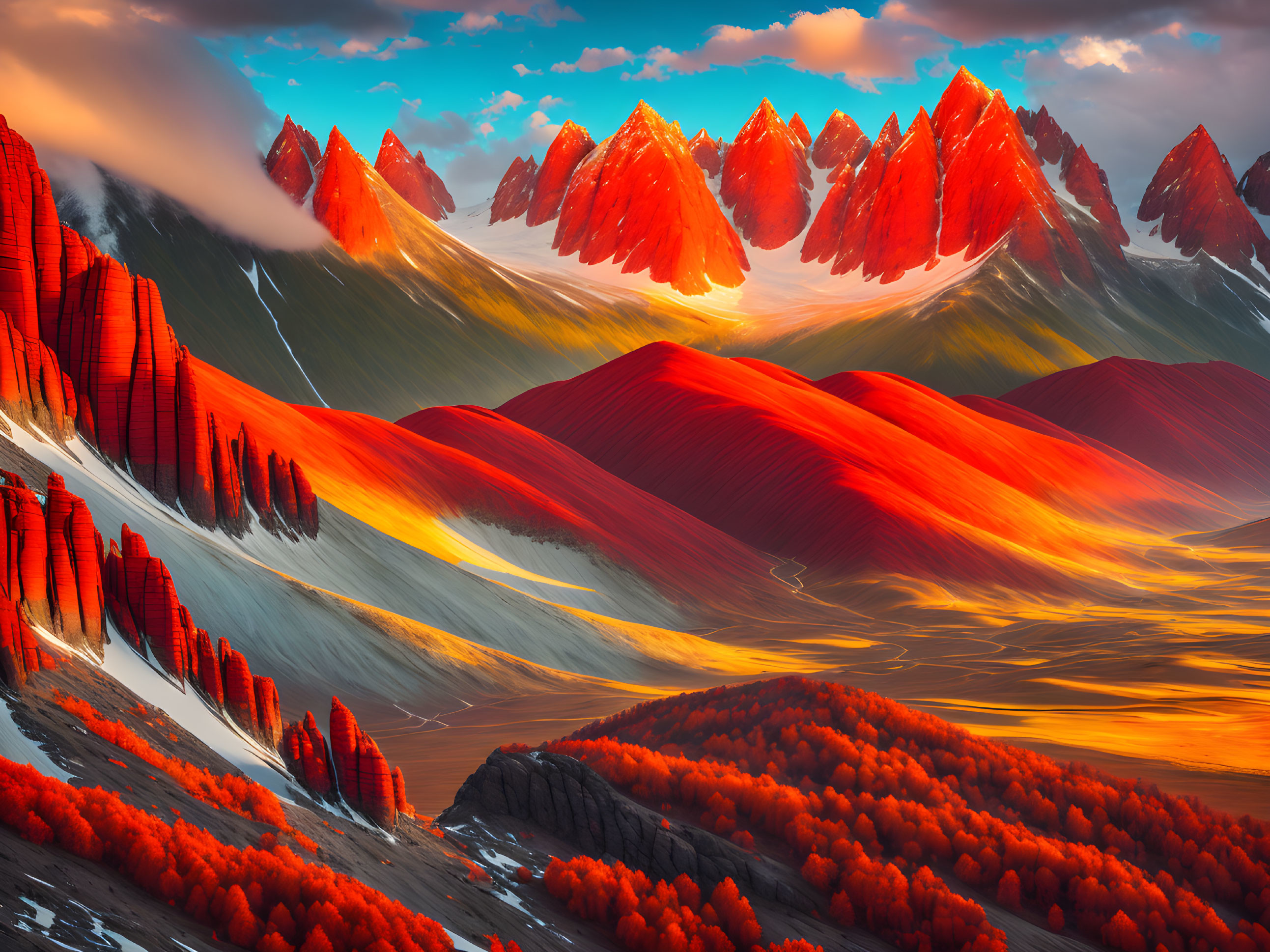 Scenic sunset mountain landscape with red and orange hues