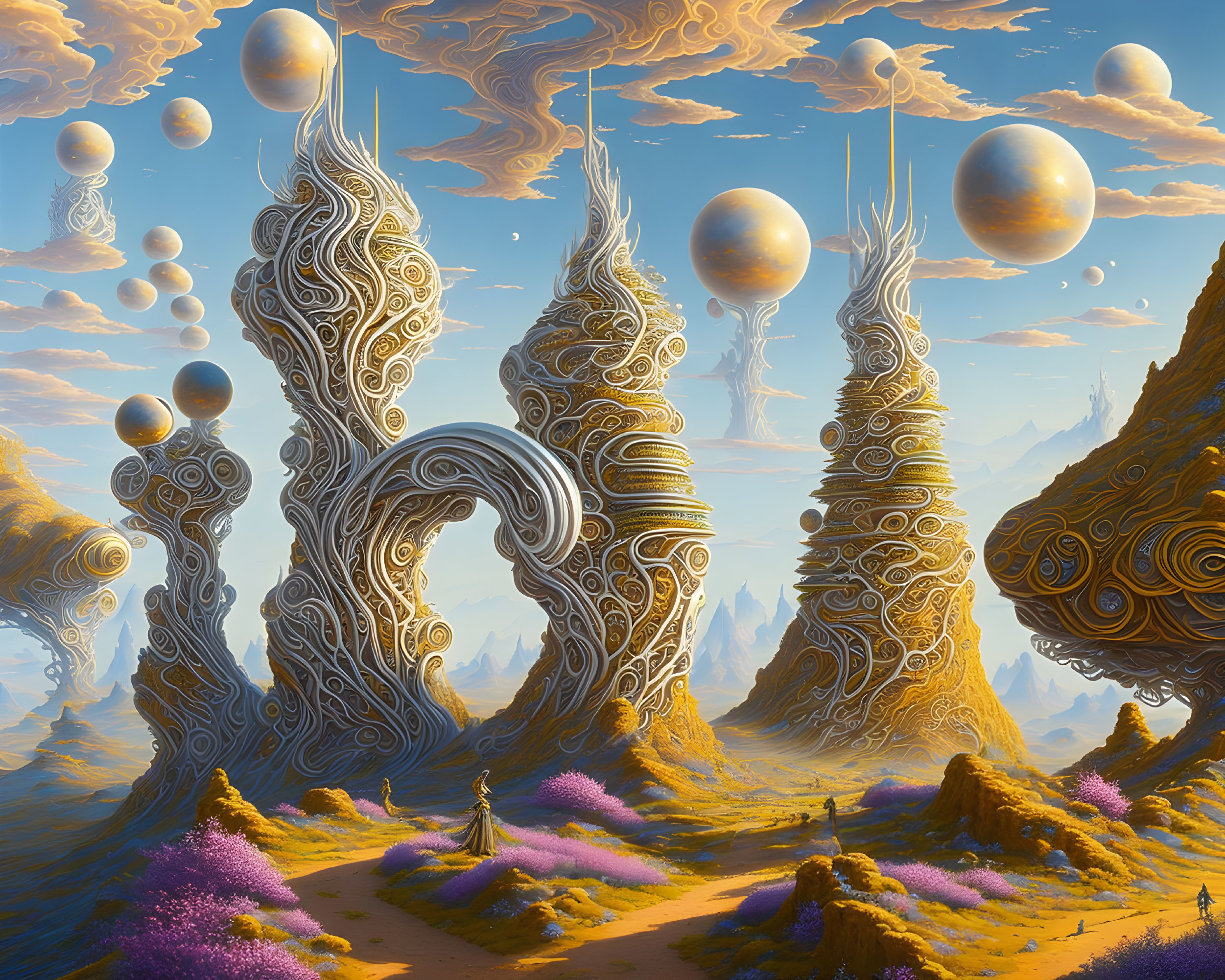 Ornate towers, floating orbs, and purple flora in surreal landscape