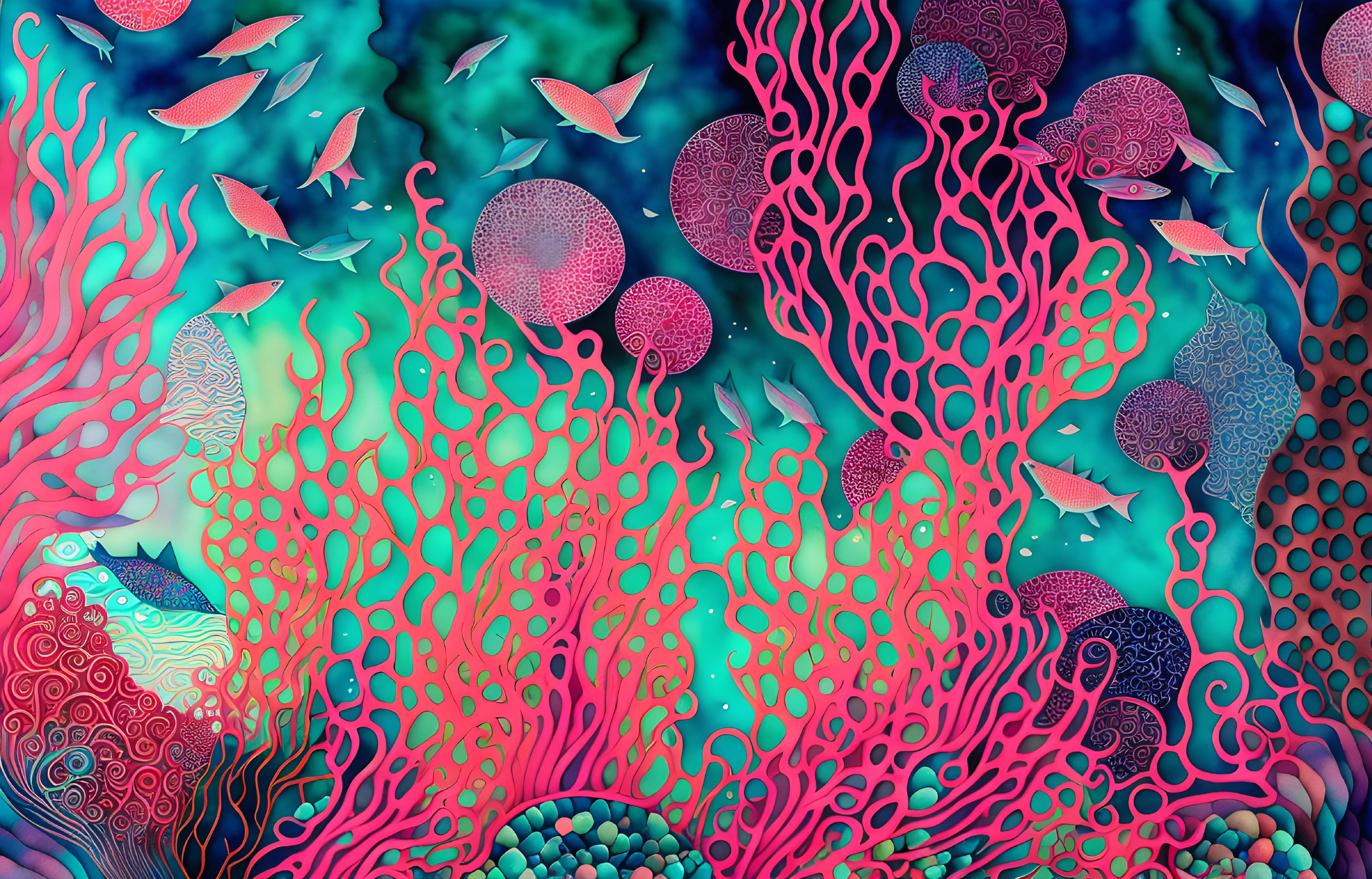 Colorful Coral Reef with Diverse Patterns and Stylized Fish in Turquoise Setting