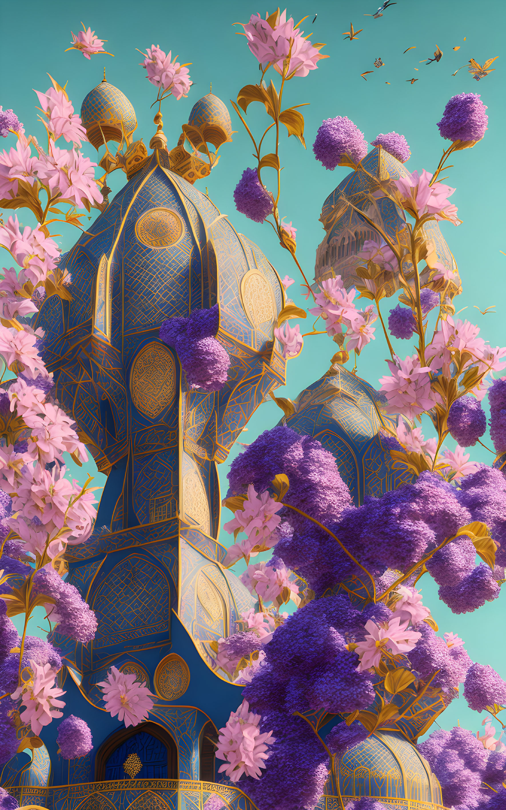 Surreal illustration of ornate blue domes and vivid flowers