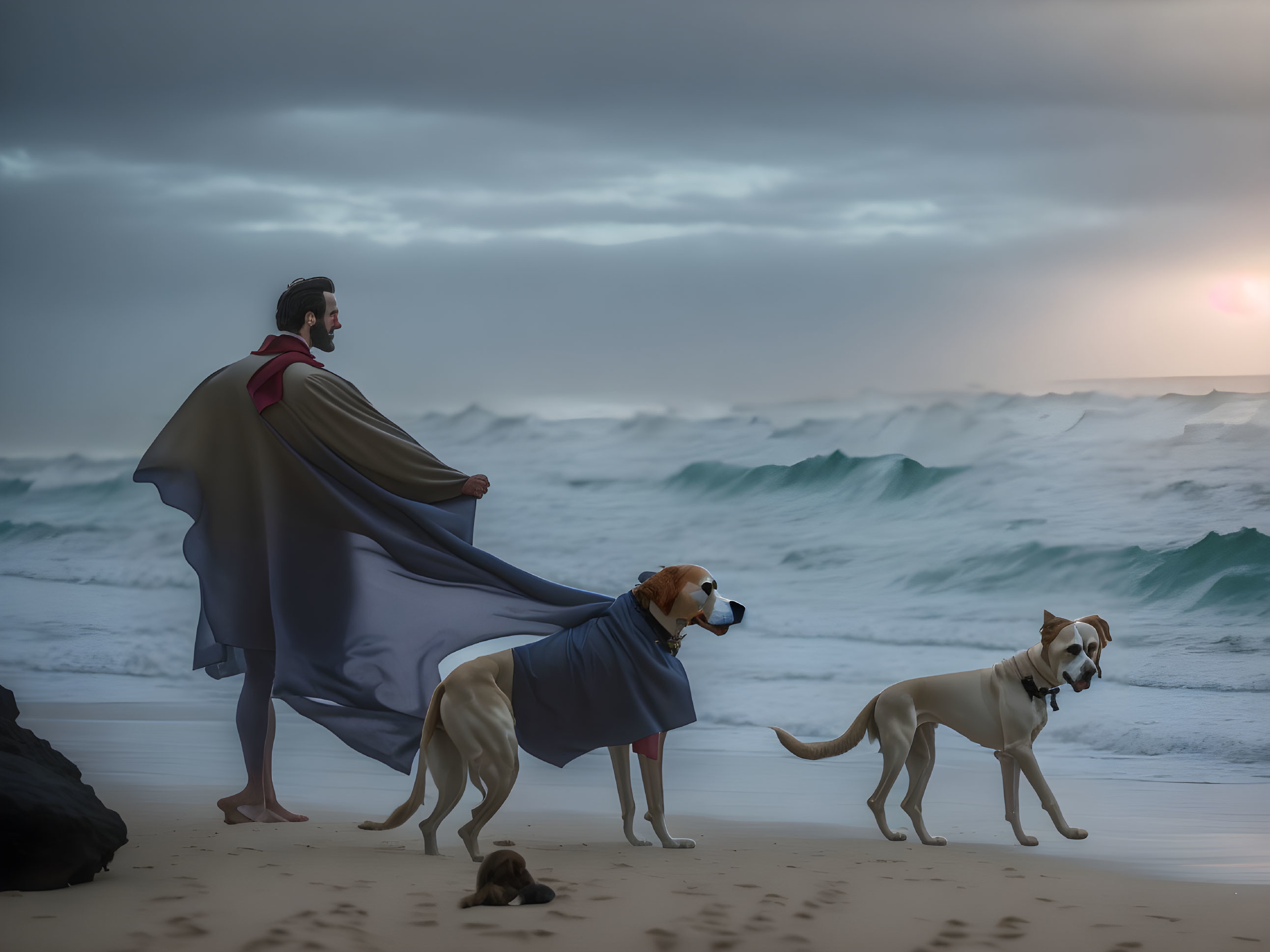 Man in cape with two dogs on beach at sunset, superhero theme by dramatic seascape