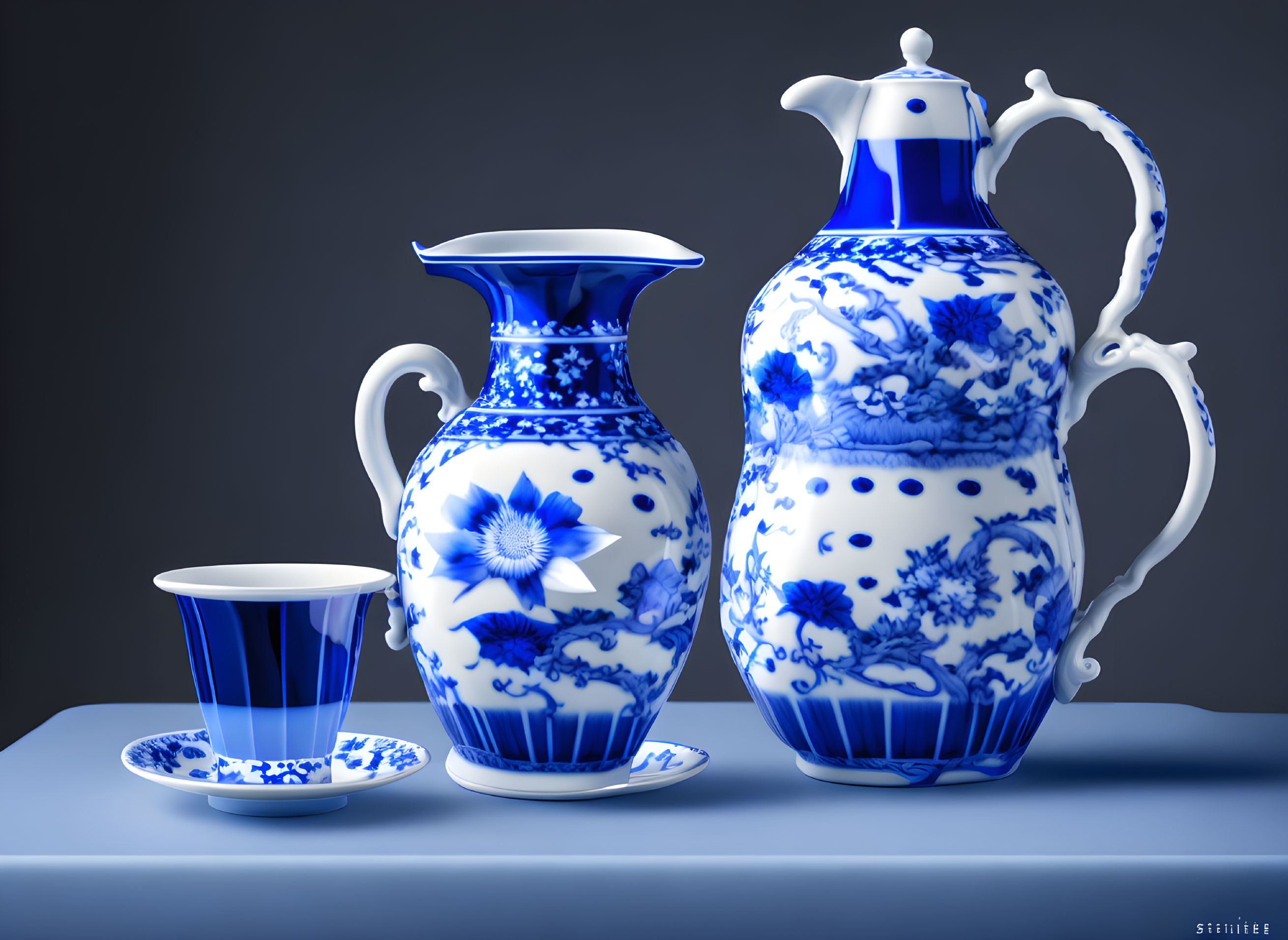 Porcelain tea ware with blue floral patterns on white background on grey backdrop