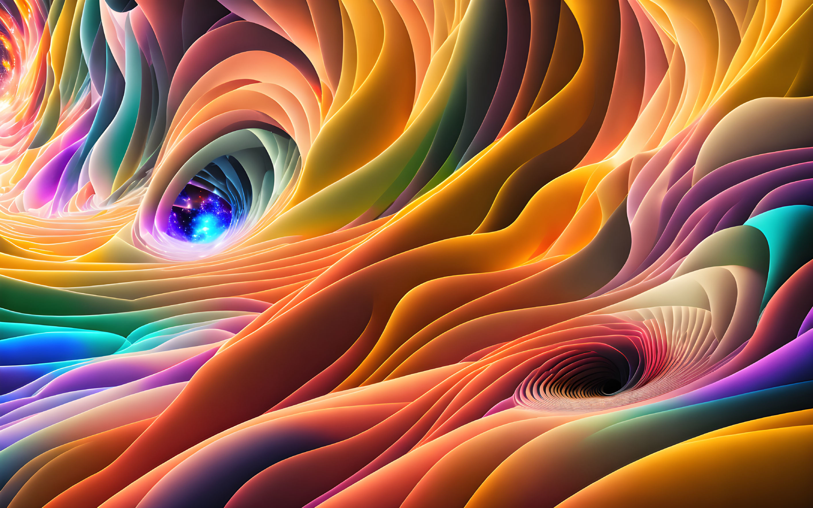 Vibrant swirling patterns in orange, red, blue, and yellow