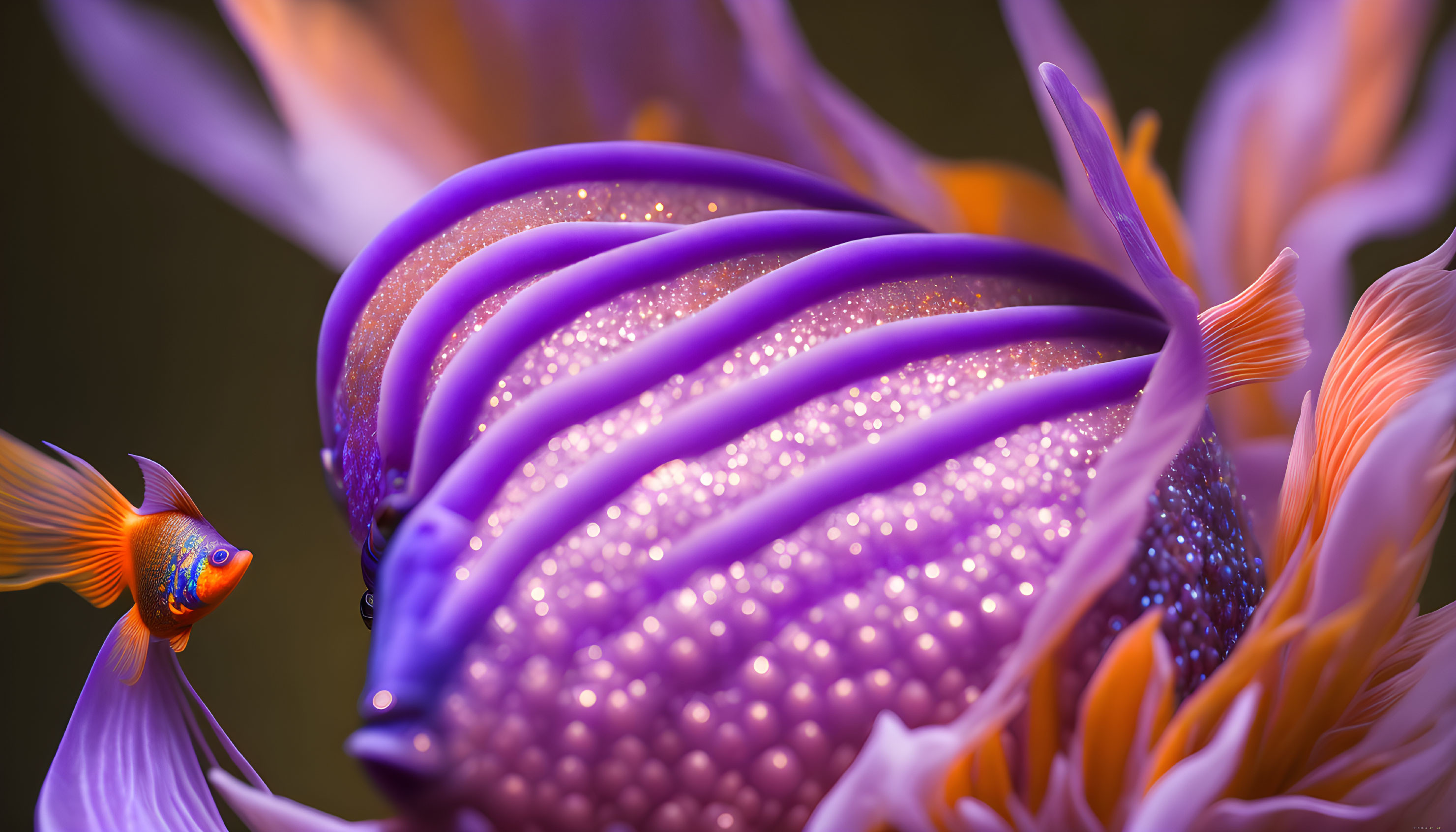 Colorful fish swimming near surreal purple flower on warm background