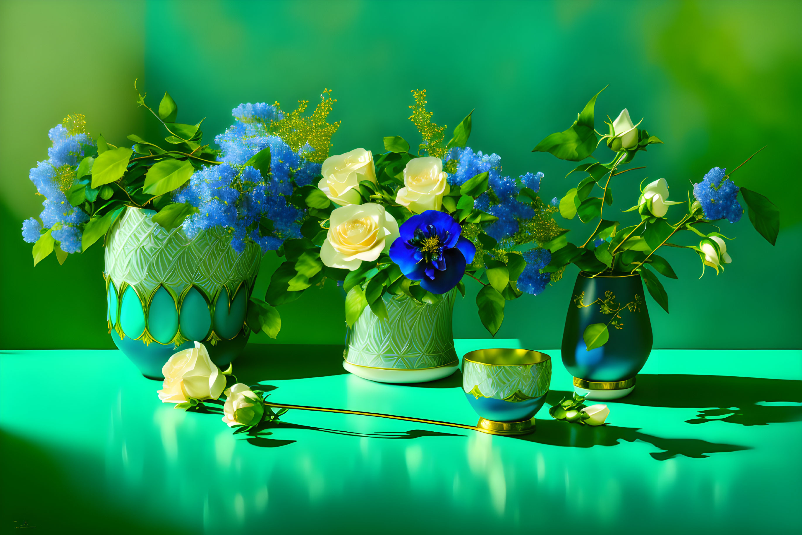 Three ornamental vases with blue and white flowers on reflective green surface