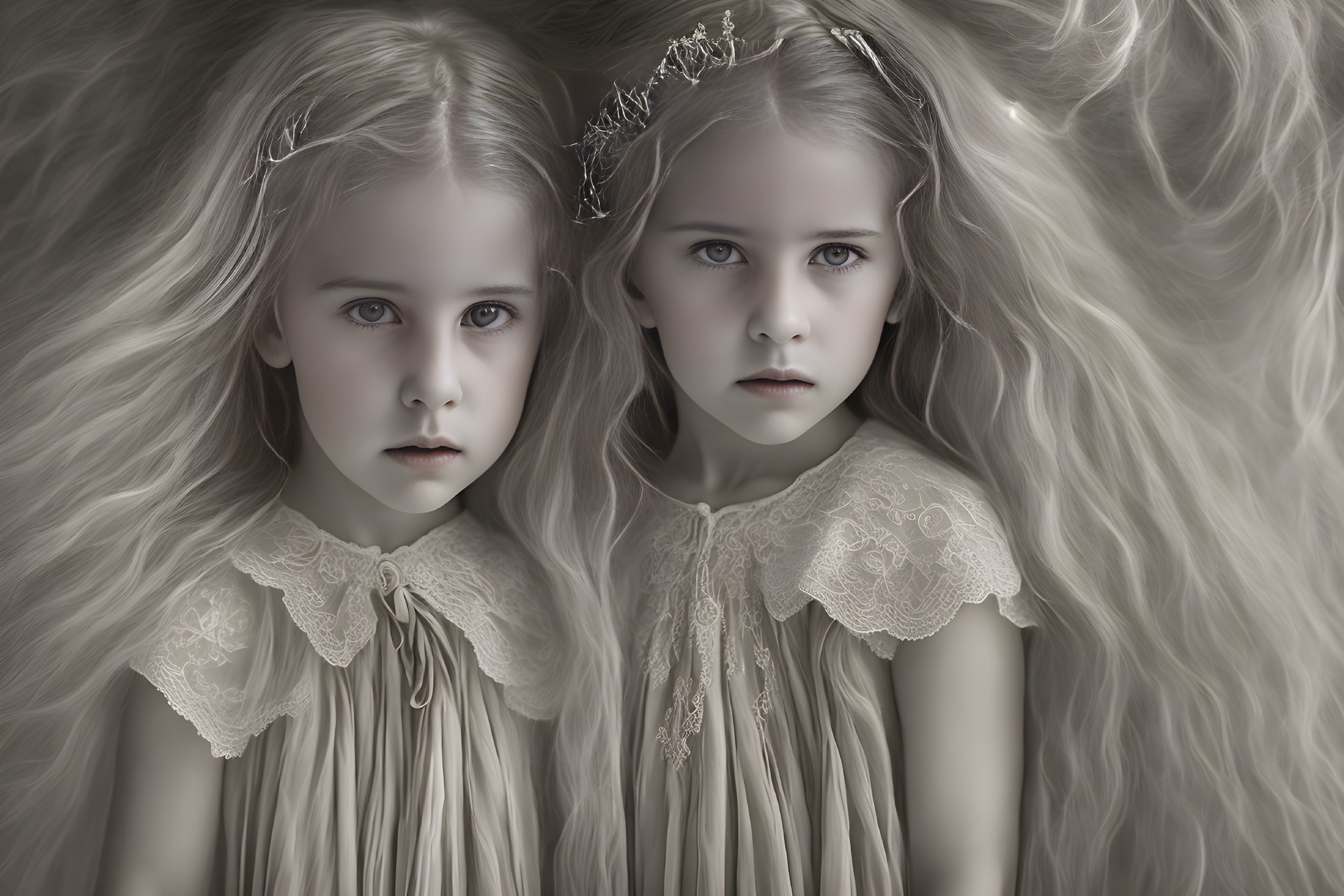 Two young girls in lace dresses and silver crowns with wavy hair in a monochromatic setting