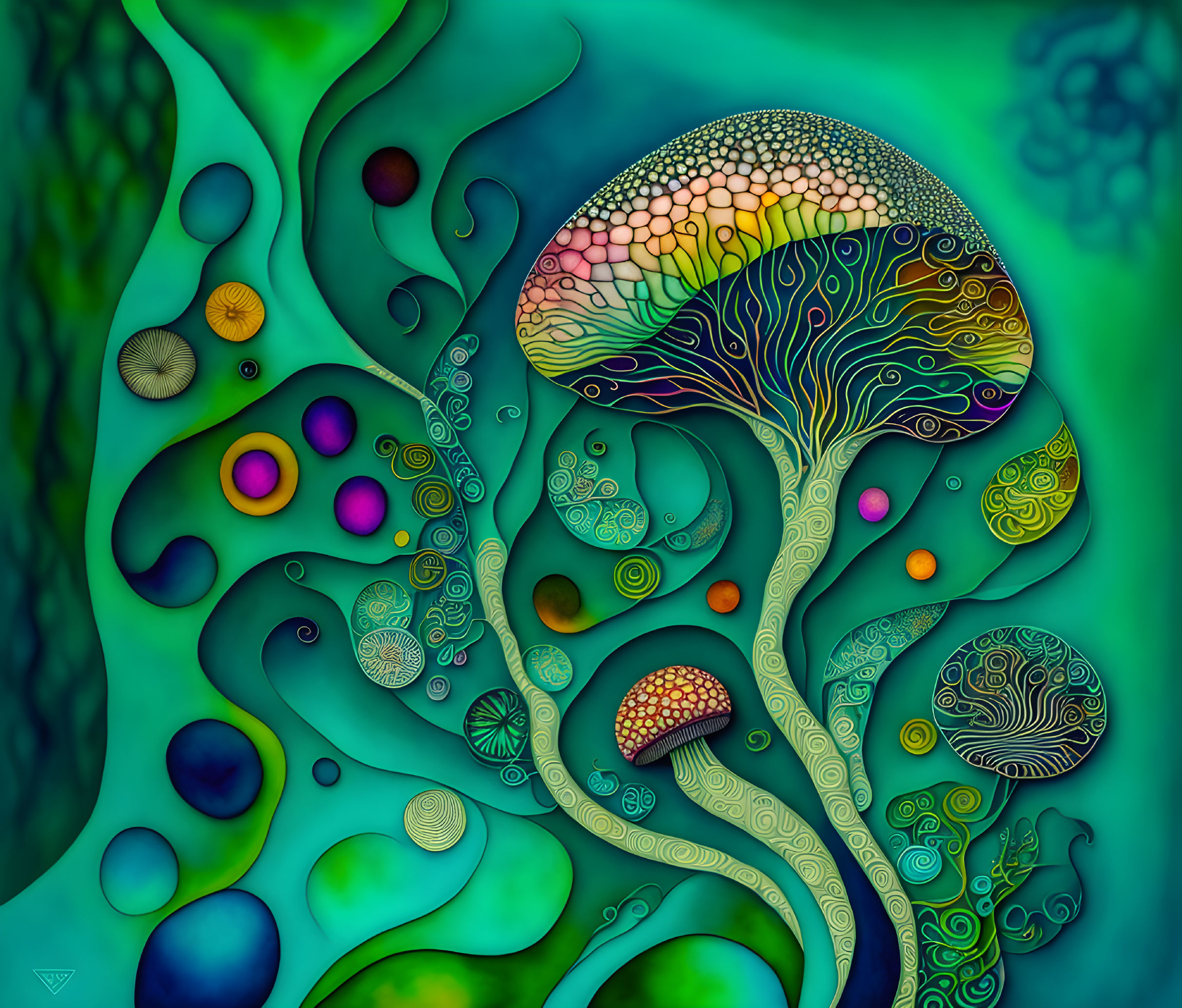 Colorful Abstract Artwork: Tree with Swirling Patterns on Green & Blue Gradient