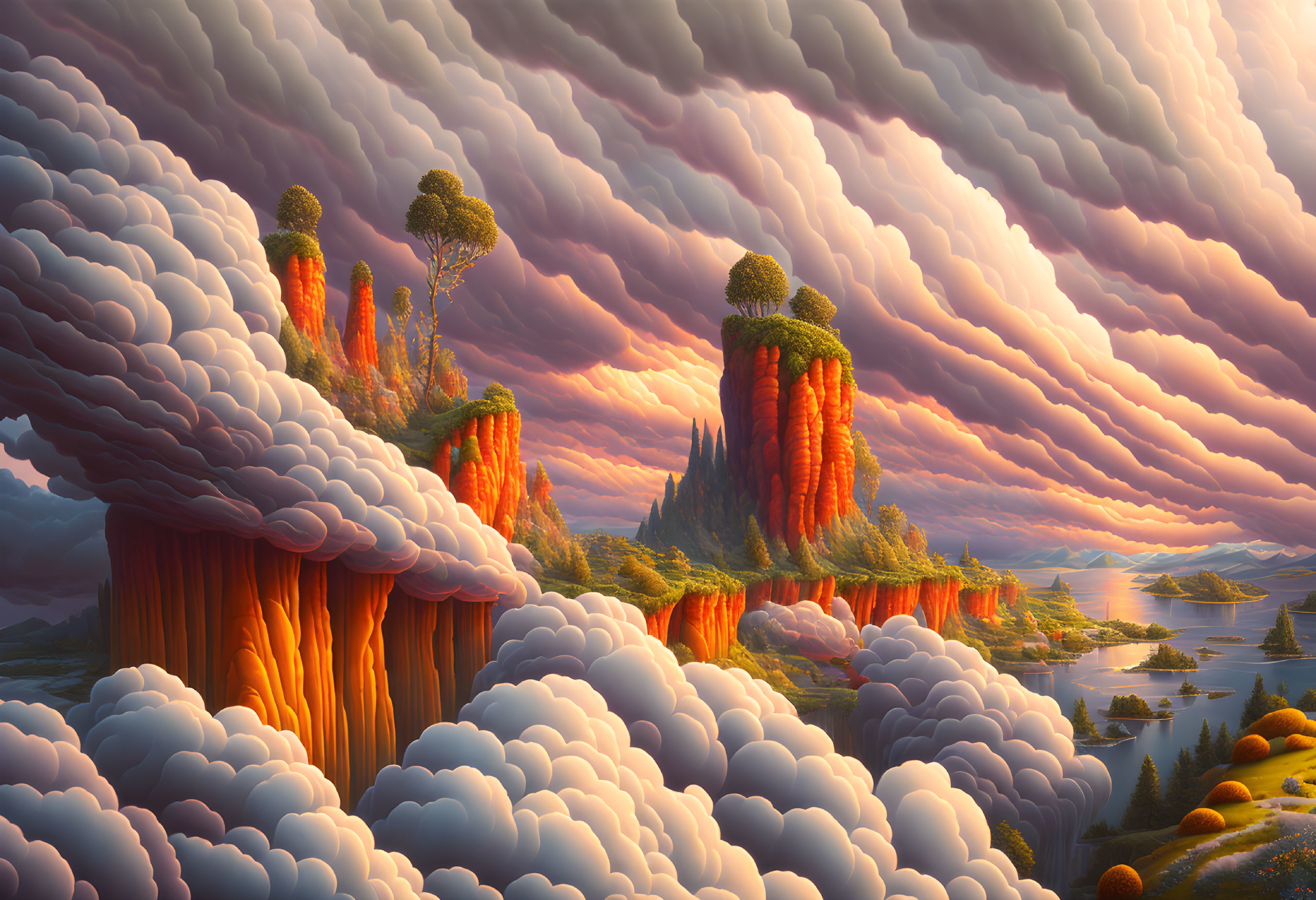 Surreal landscape with towering rock formations and trees under golden sunset glow