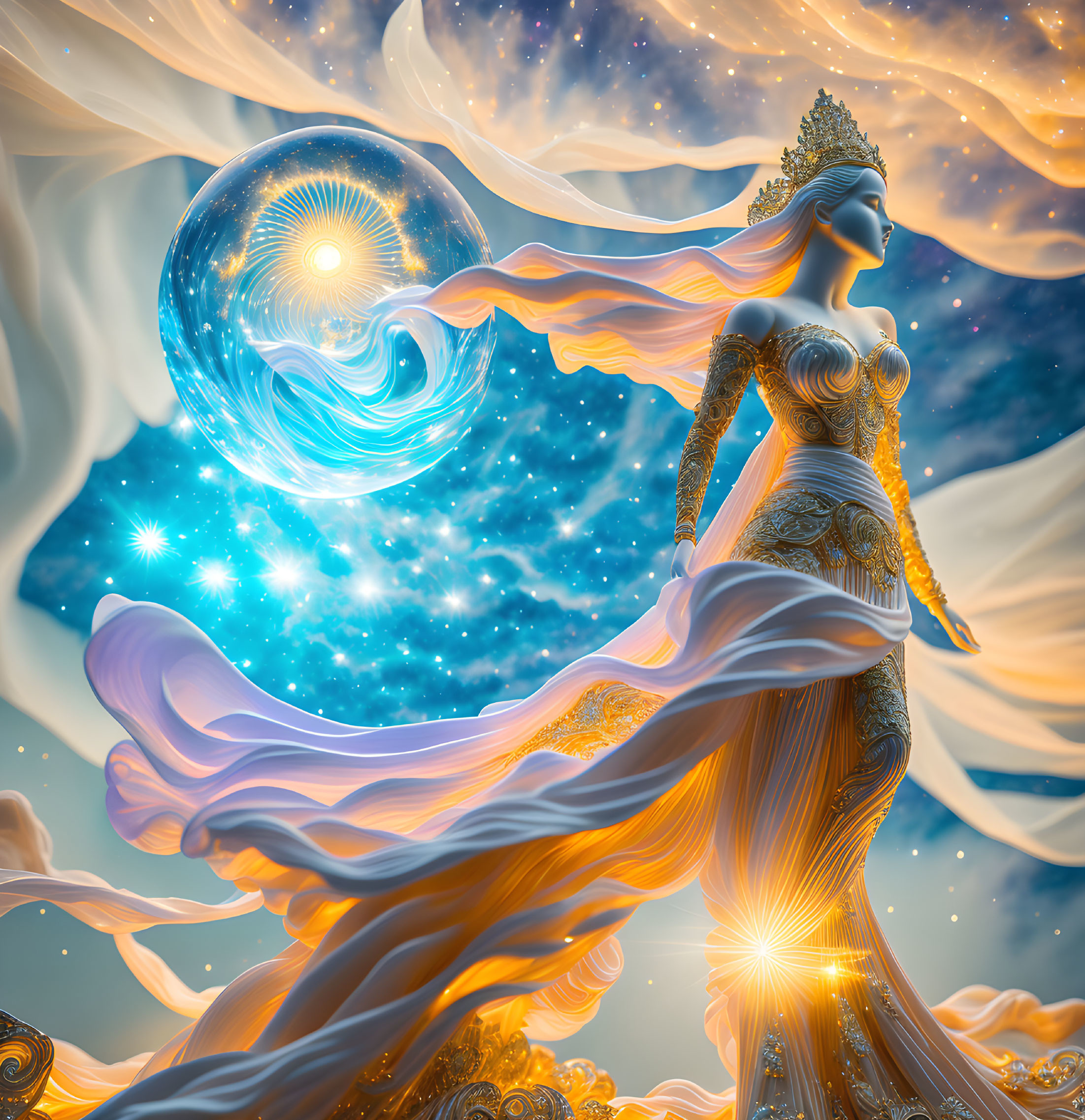 Majestic female figure in flowing dress with ornate crown holds radiant orb in cosmic setting