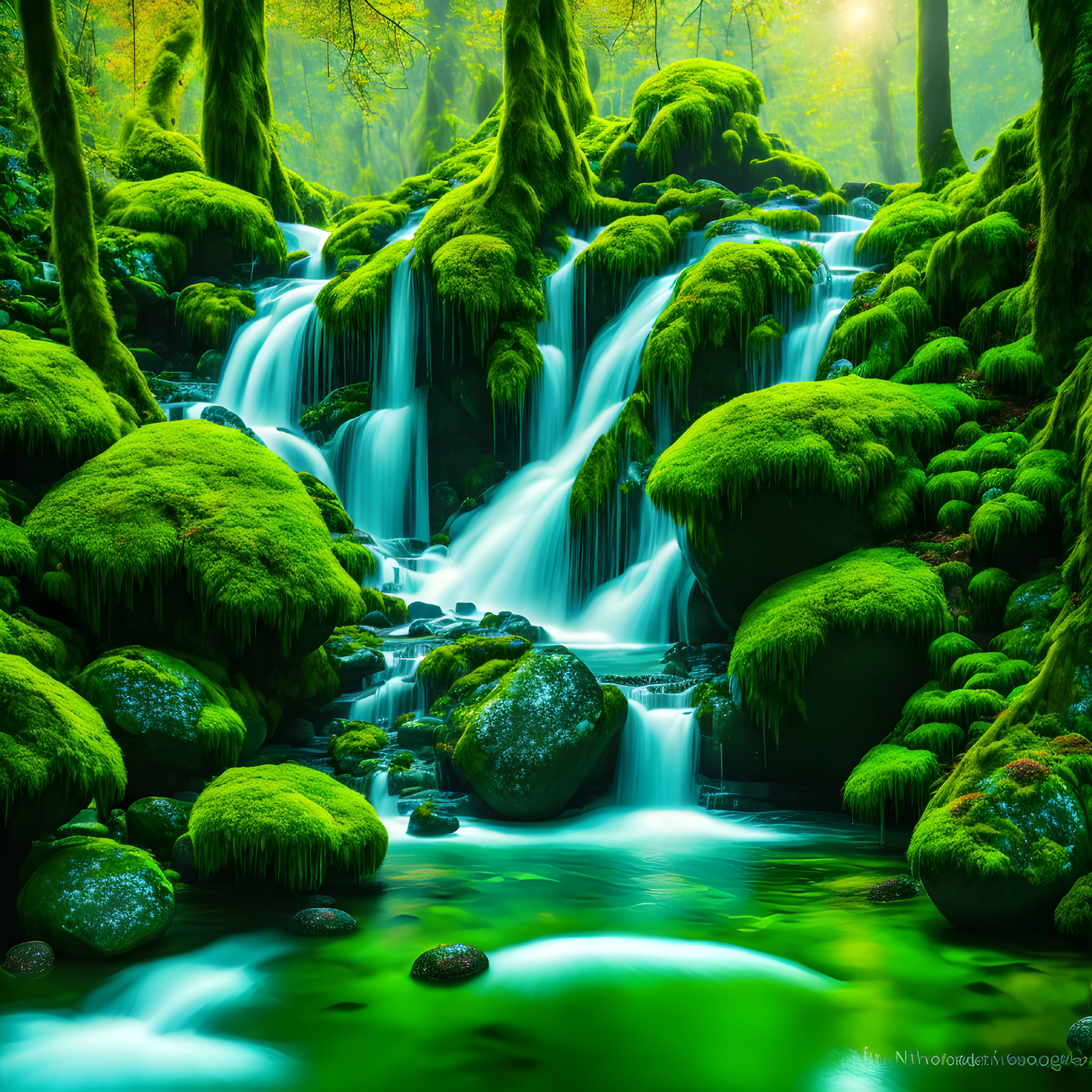 Tranquil forest scene: Waterfall over mossy rocks in green setting