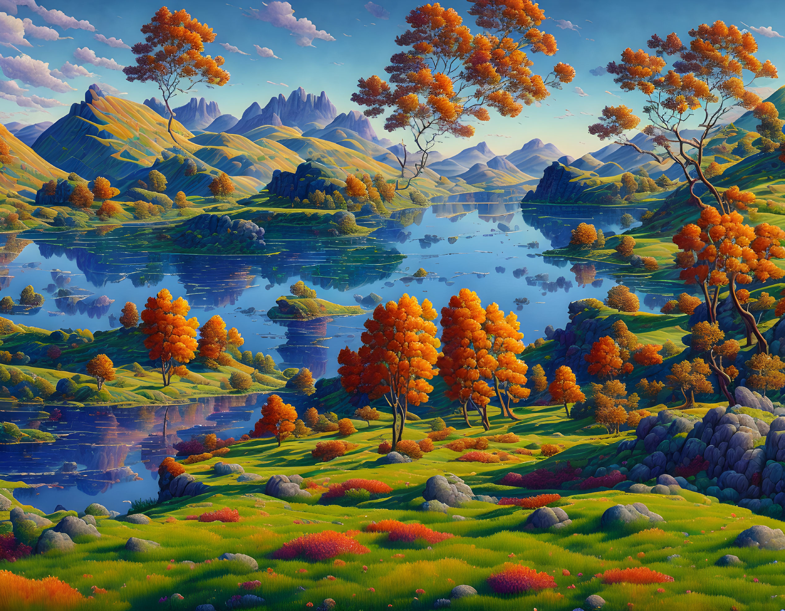 Fiery orange trees and serene blue lakes in autumn landscape