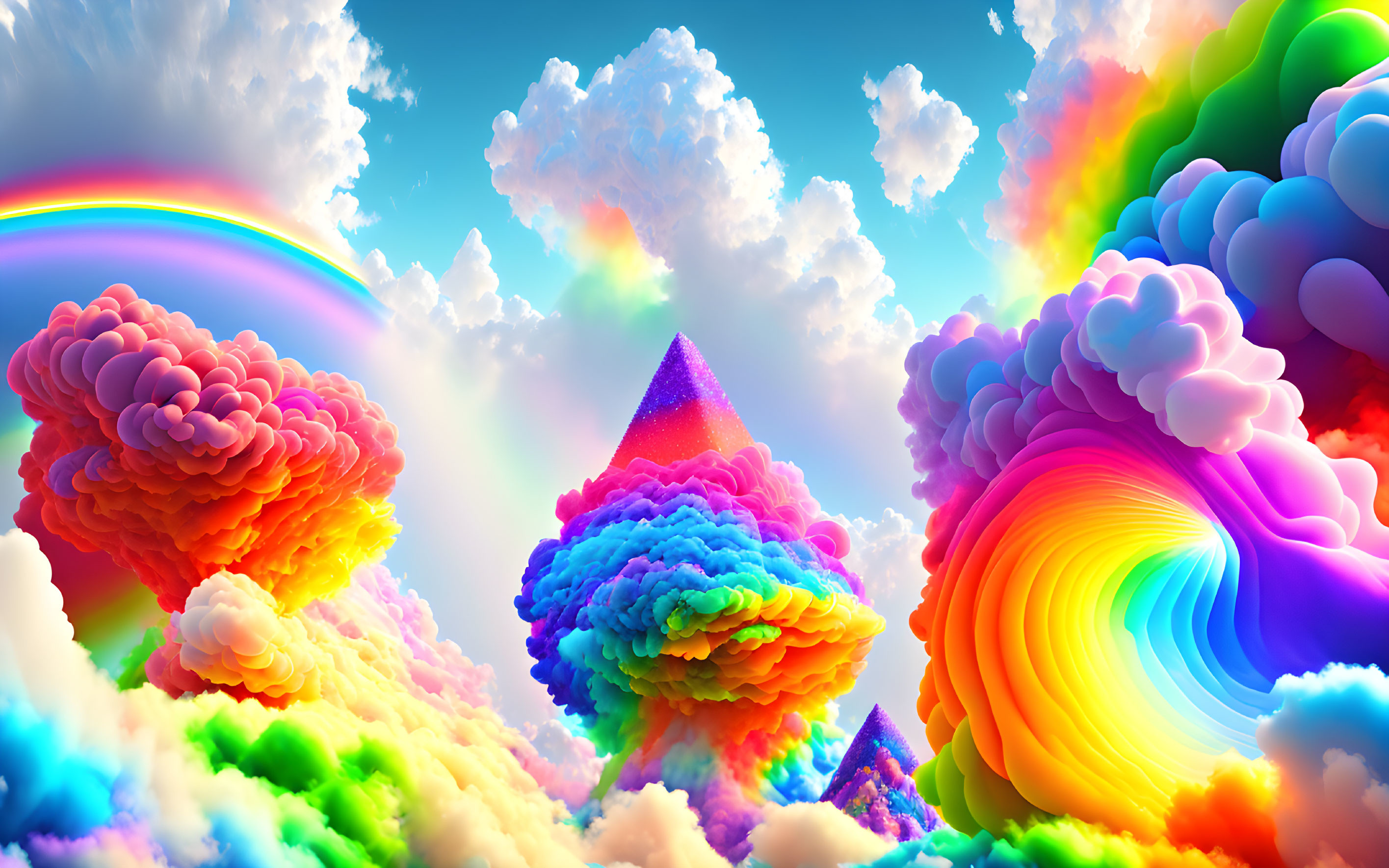 Colorful surreal landscape with rainbow clouds, rainbow, and pink pyramid under blue sky.