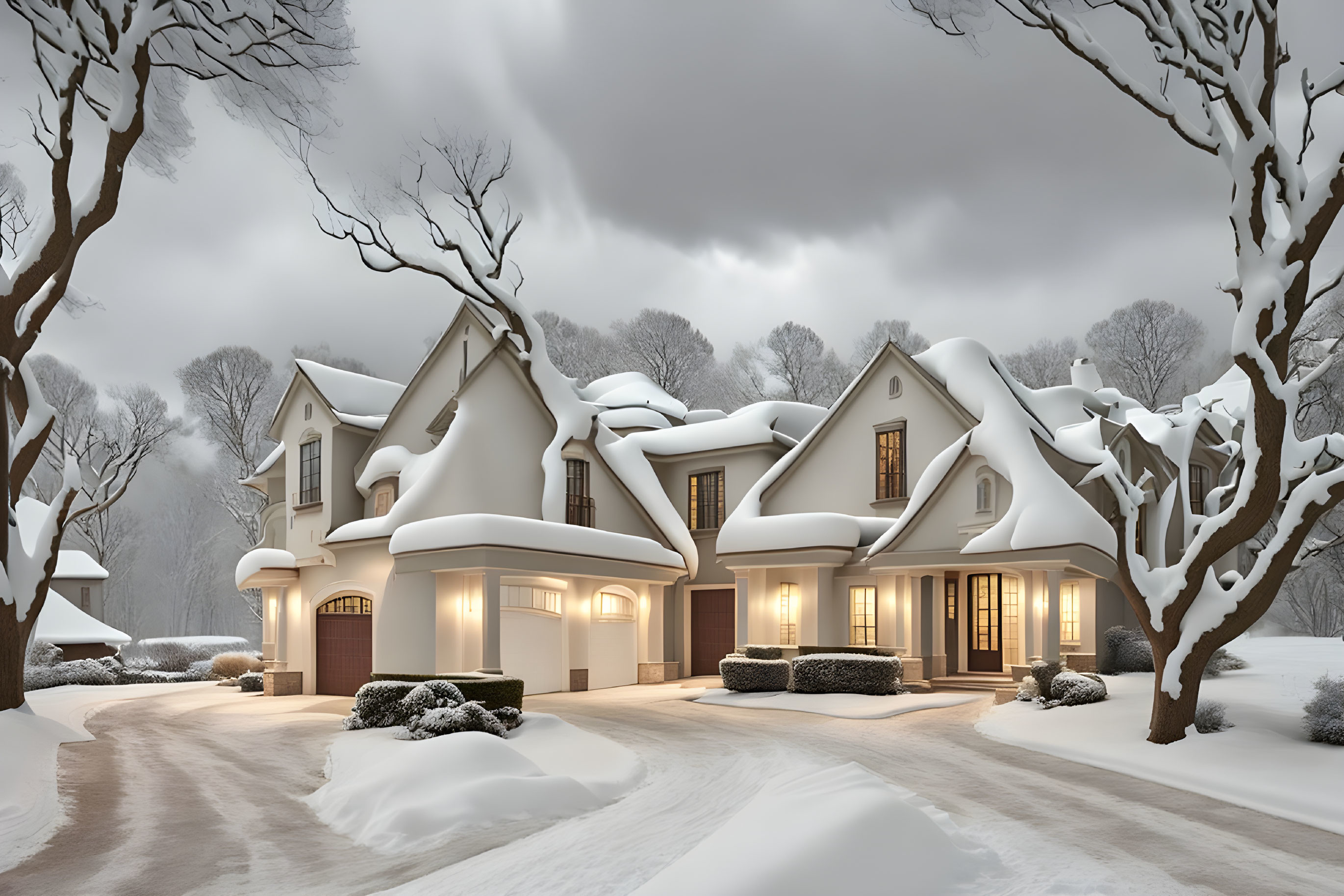 Spacious house with snow-covered surroundings at night