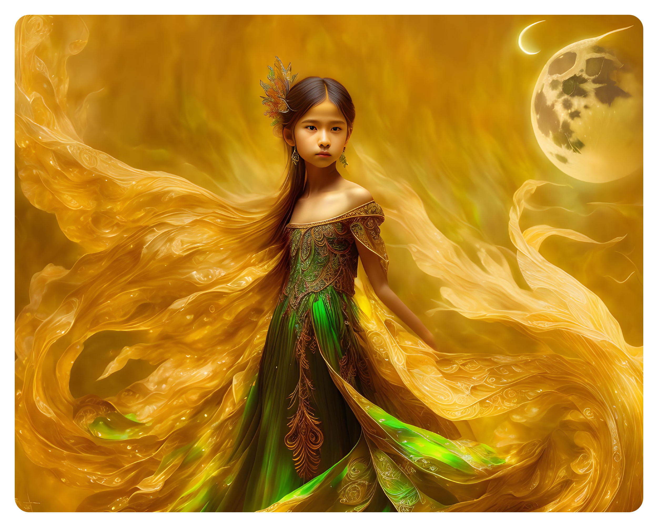 Young girl in ethereal gown with mystical background