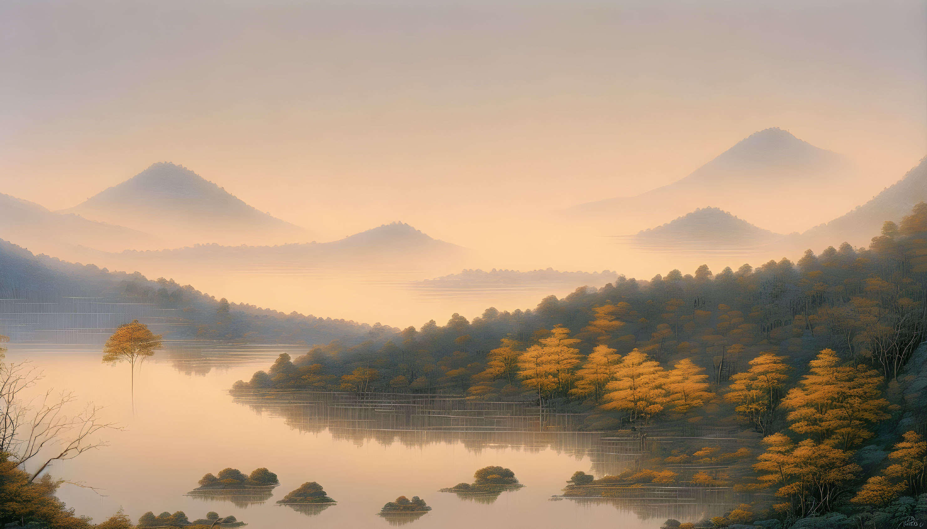 Misty mountains and serene lake with autumn trees