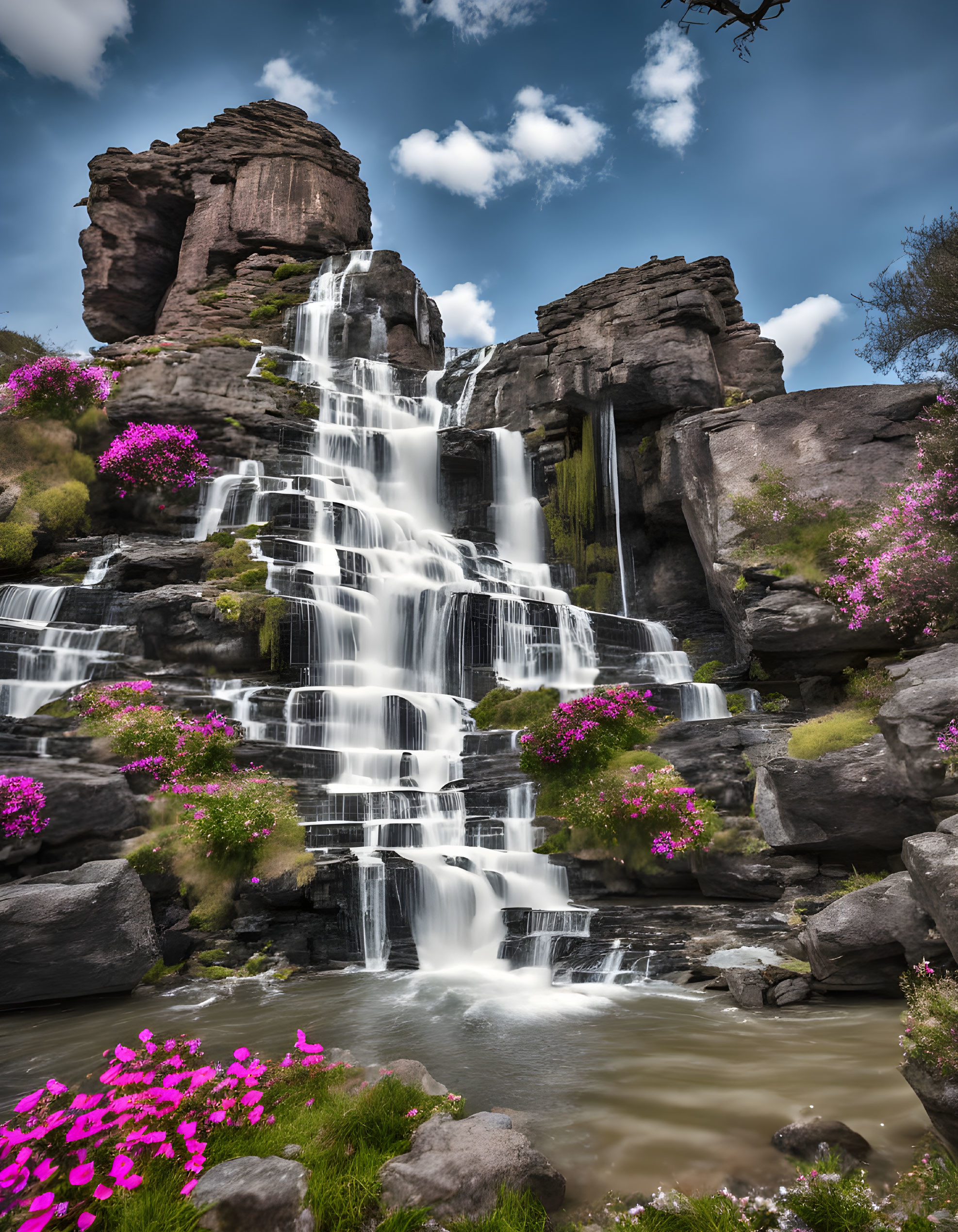 Scenic waterfall over tiered rocks, greenery, and pink flowers