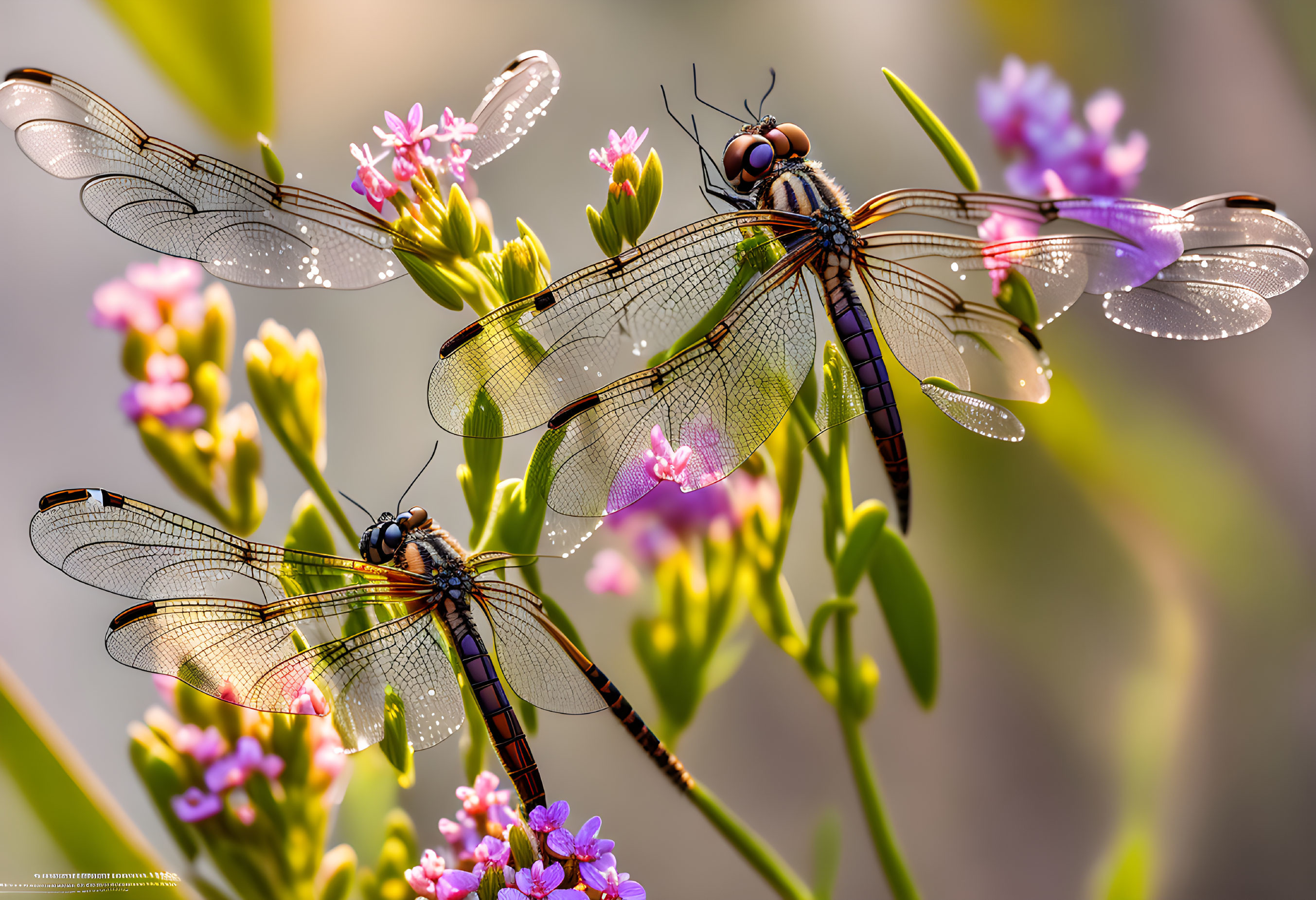 Dragonflies on pink blossoms with glistening wings in soft-focus setting