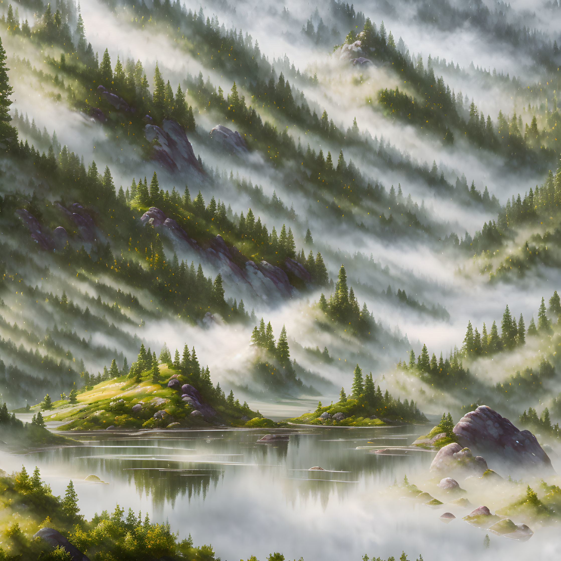 Tranquil misty hills, evergreen trees, and reflective lake scene