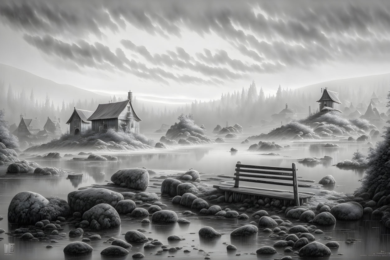 Monochrome landscape with river, bench, houses, foggy hills, cloudy sky