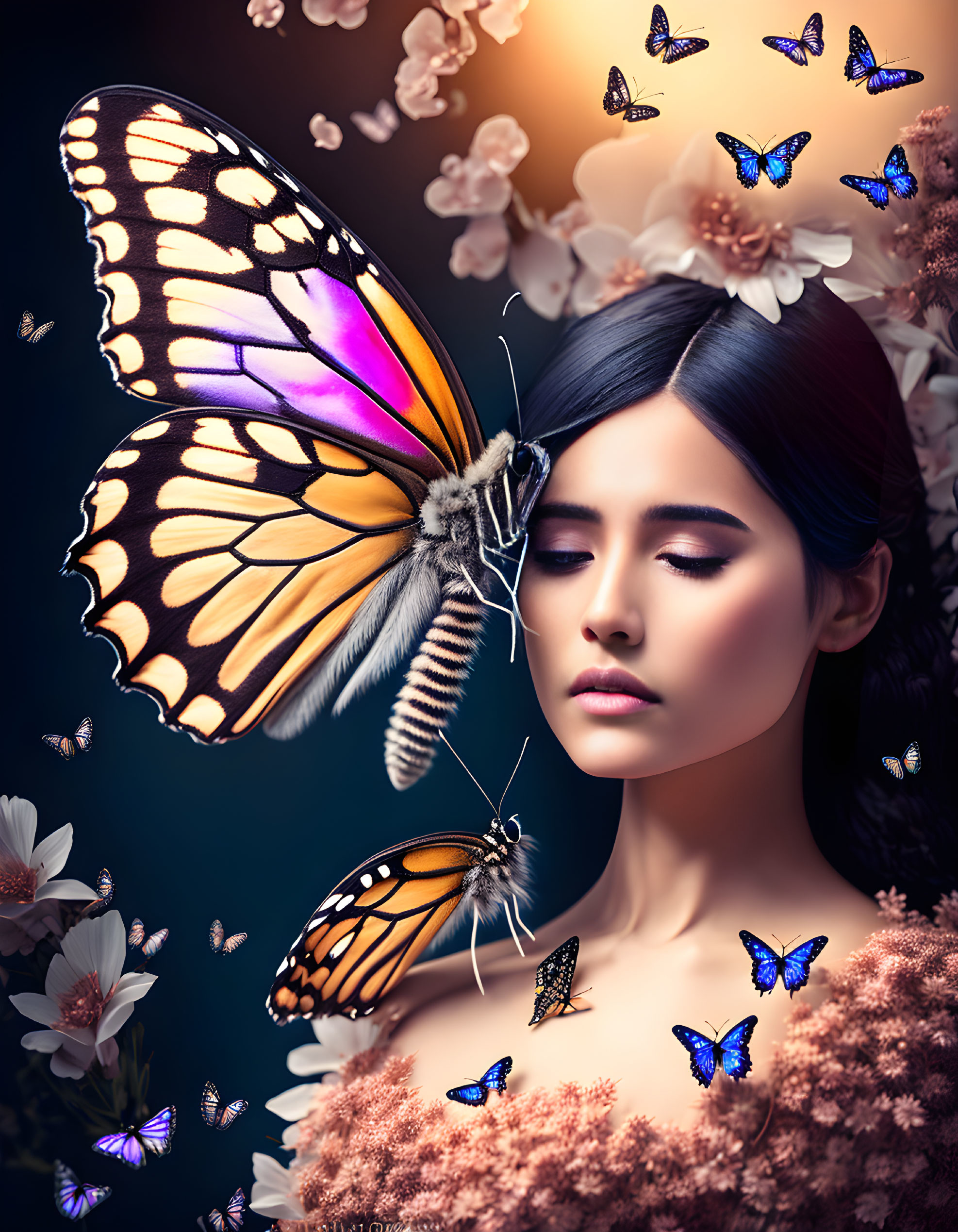 Colorful Butterfly Portrait with Woman Surrounded by Flowers