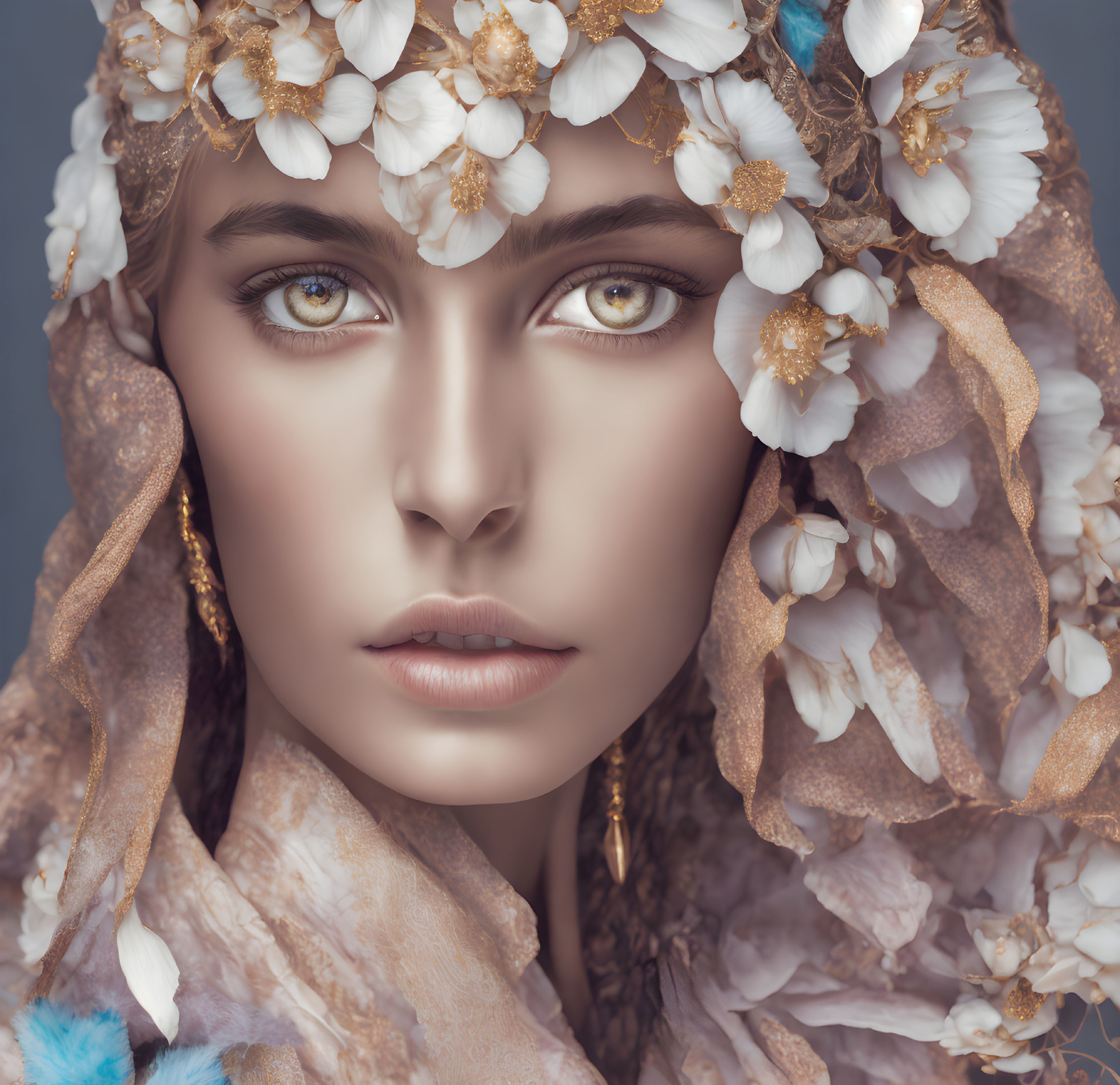 Woman with Green Eyes in Floral Headdress and Feathered Scarf