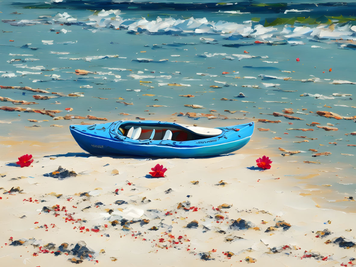 Blue Kayak on Sandy Beach with Red Leaves by Tranquil Blue Waters