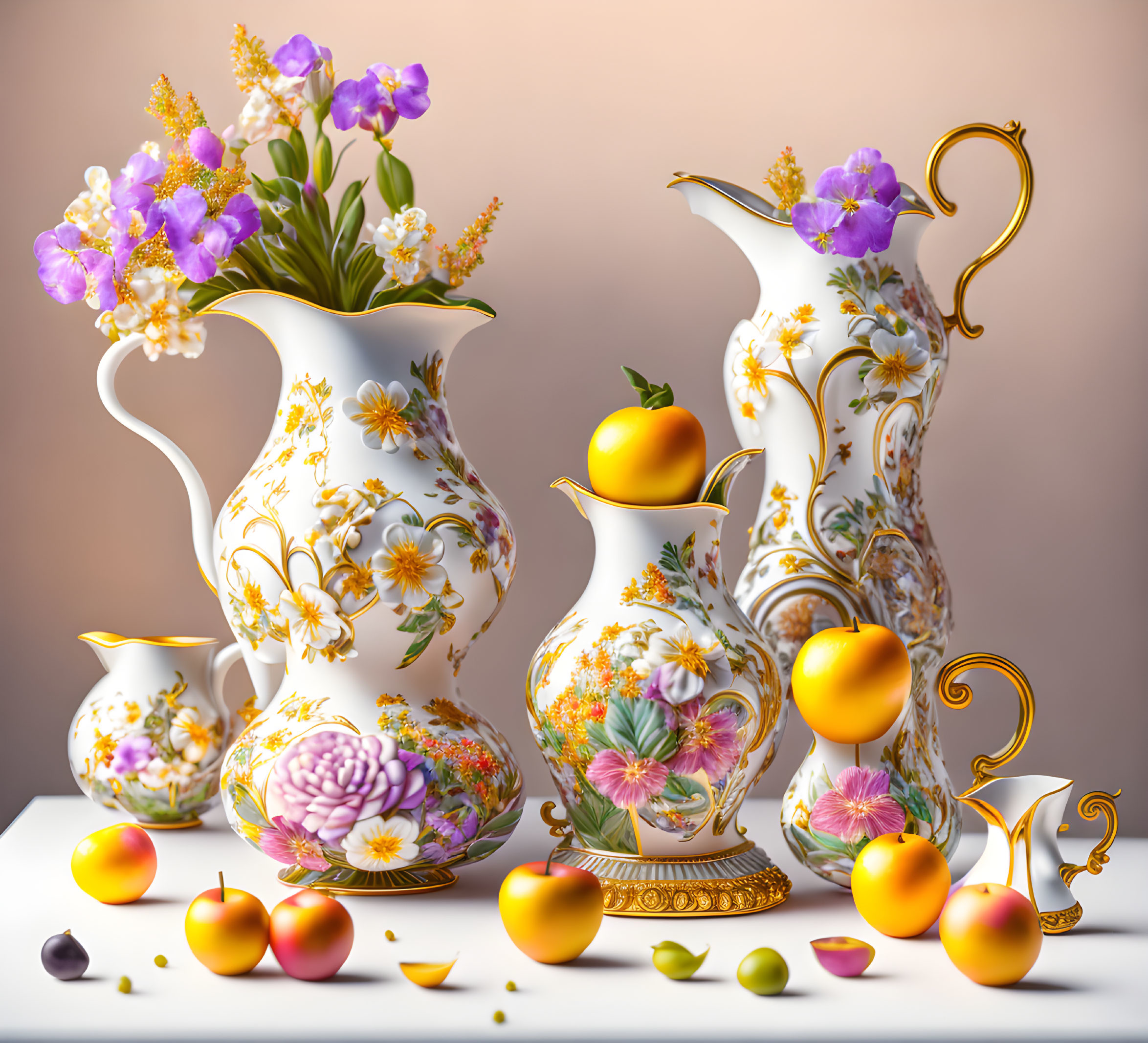 White and Gold Porcelain Set with Floral Patterns and Fruits