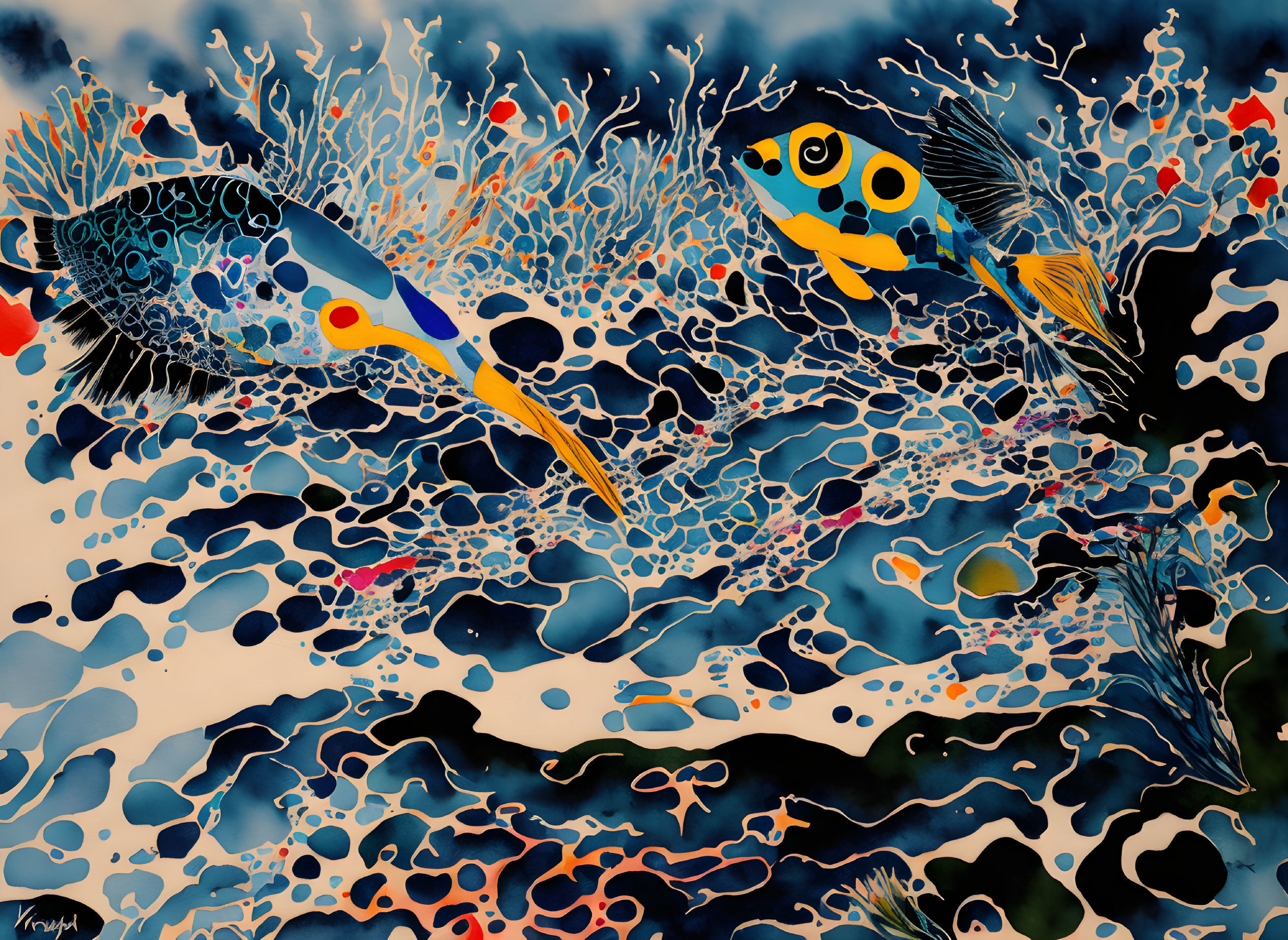 Colorful Abstract Painting of Stylized Fish and Coral Patterns in Blue, Yellow, Red, and