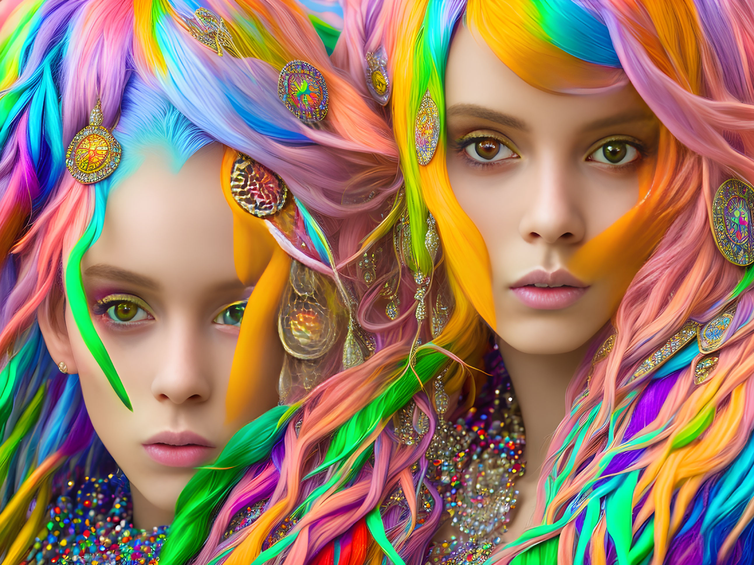 Vibrant rainbow-colored hair with gemstones and peacock feathers, striking makeup.