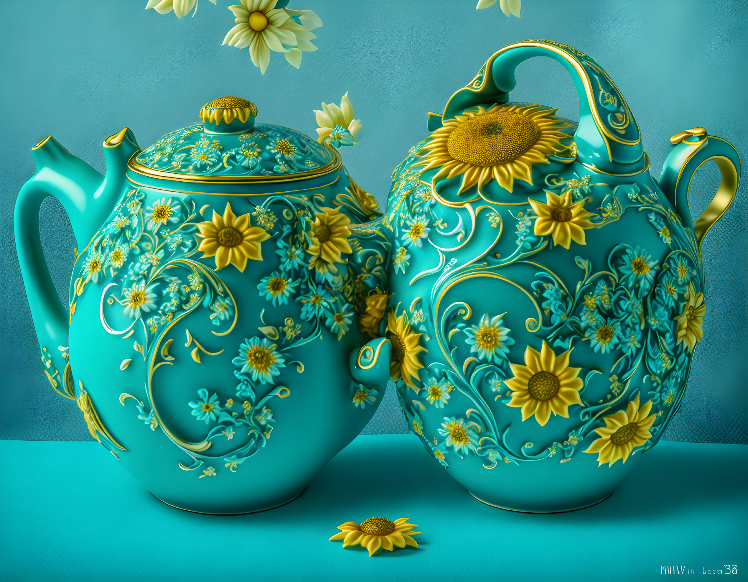 Ornate Teal Teapots with Yellow and Blue Floral Patterns