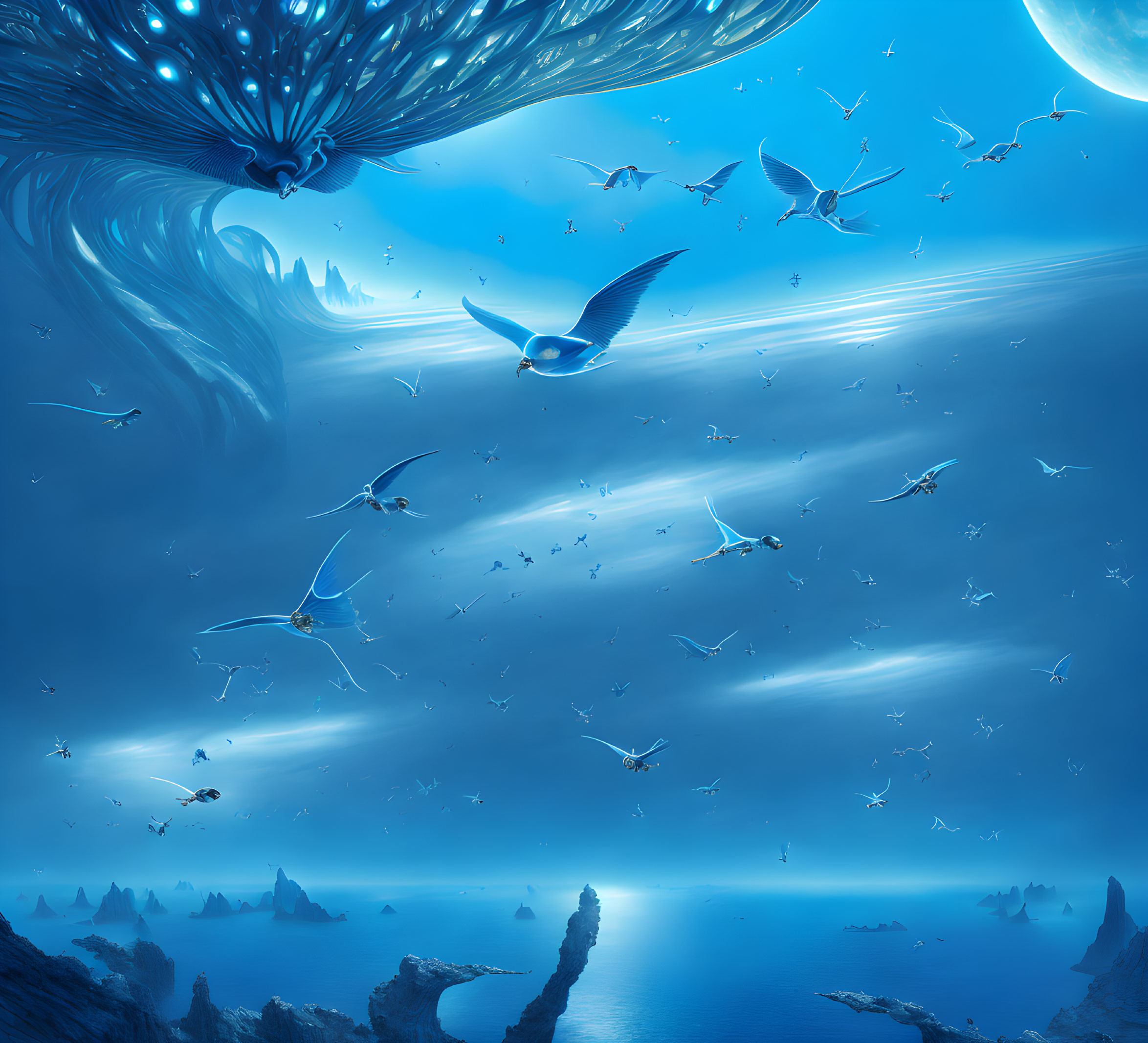 Blue underwater scene with light rays, large creature, and fish among rocks