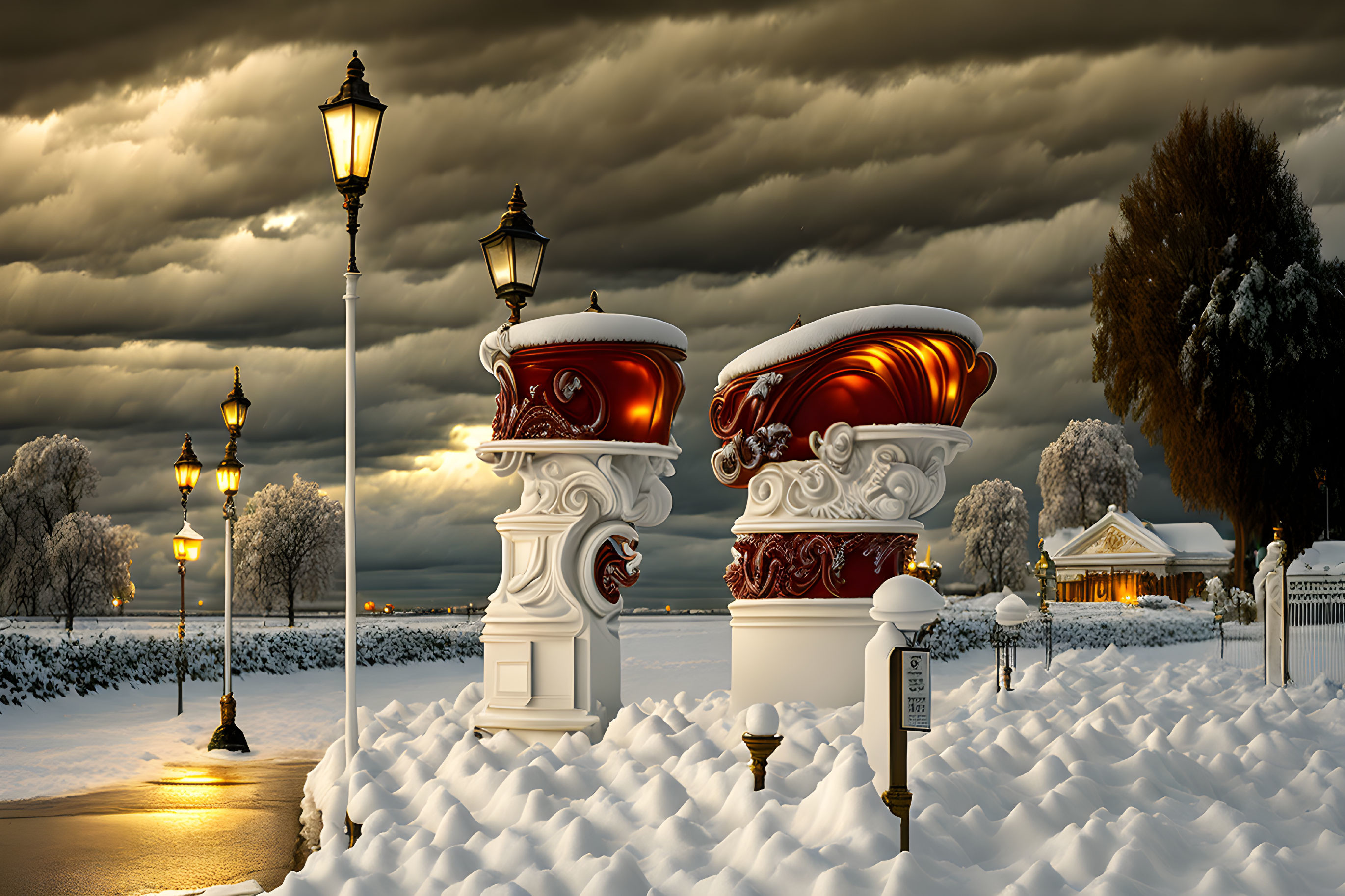 Snow-covered path with ornate benches and lamp posts in surreal winter scene