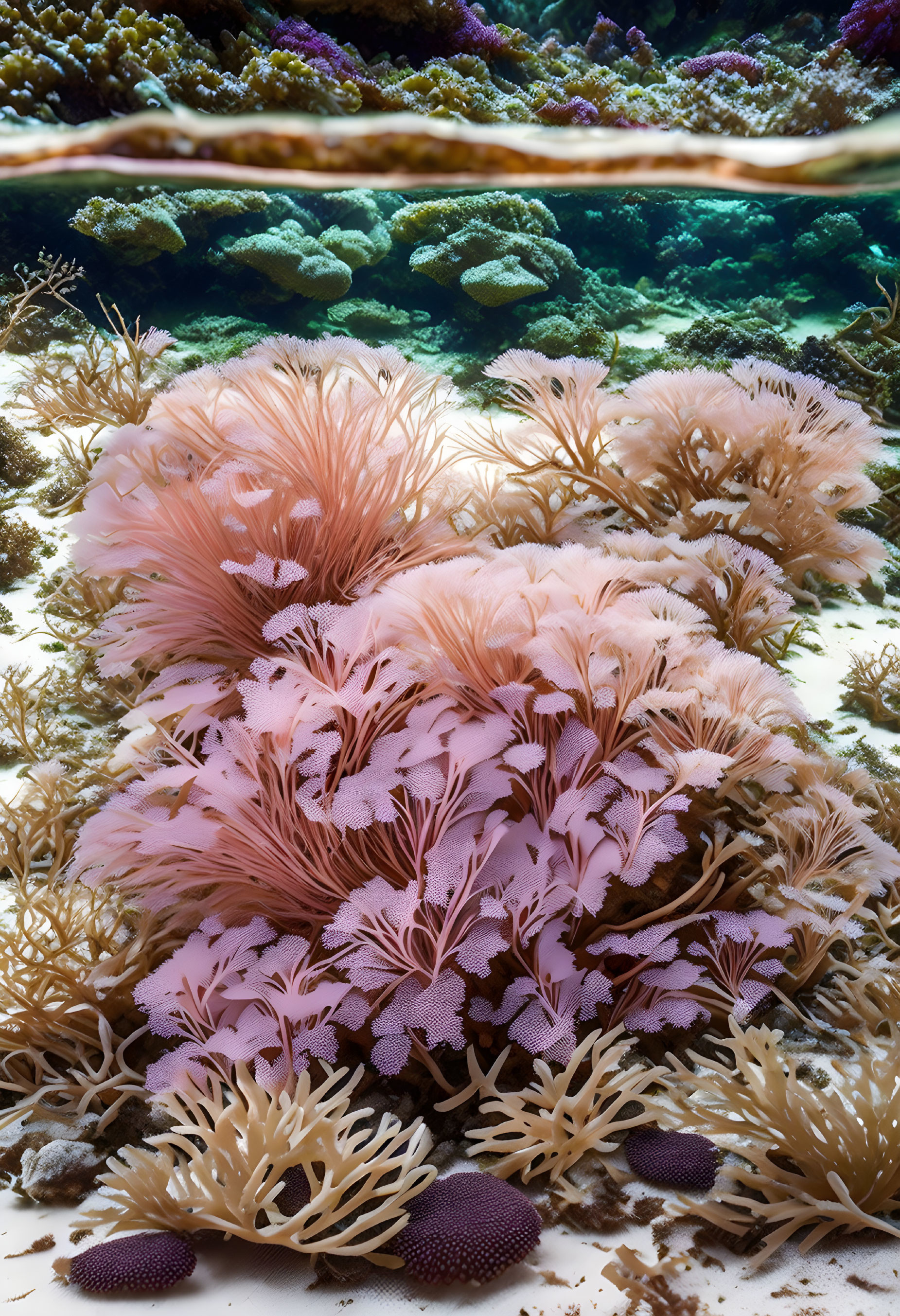 Colorful Underwater Scene with Pink Sea Fans and Coral Species