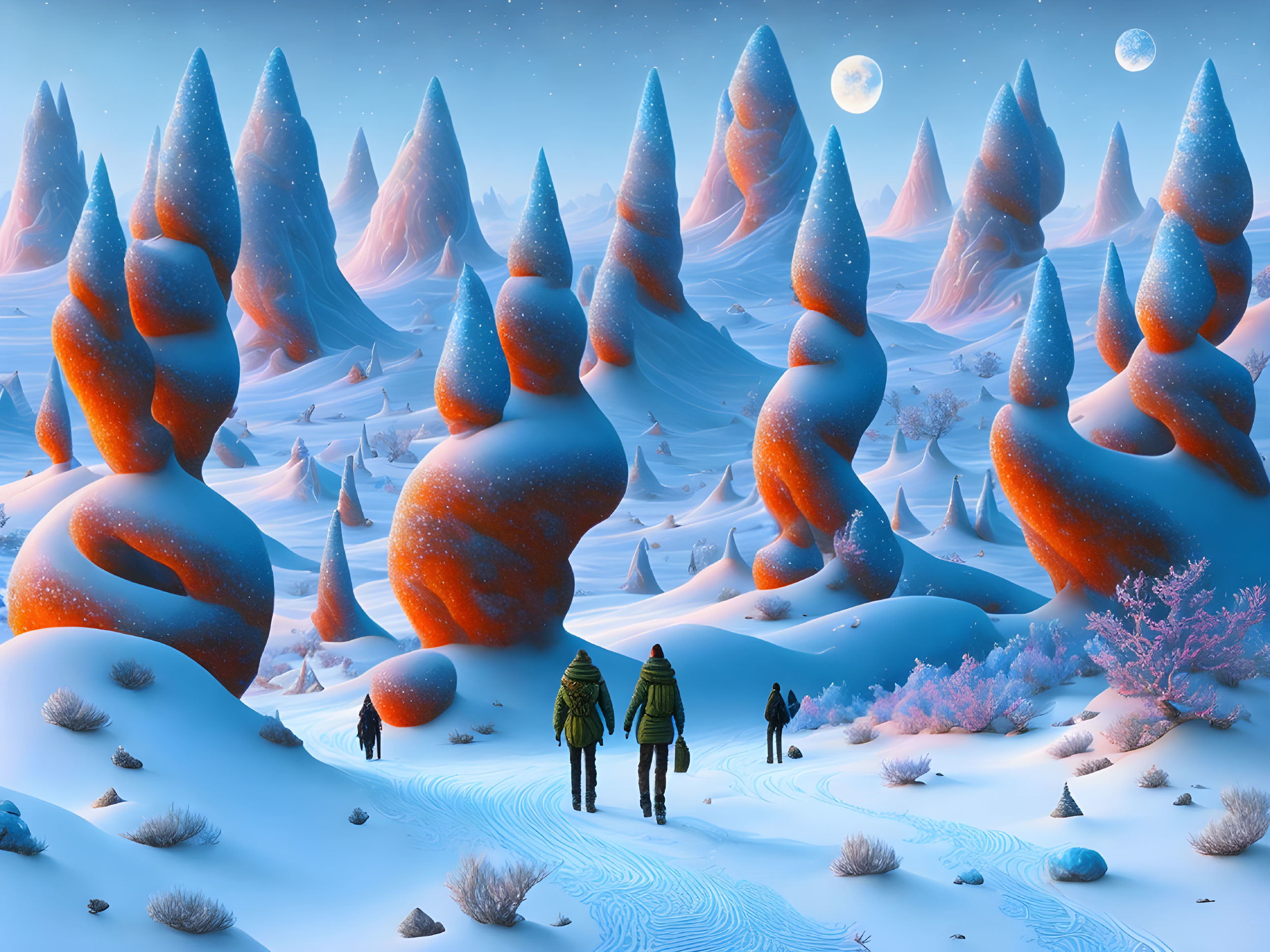 Hikers in surreal snowscape with orange trees and twin moons