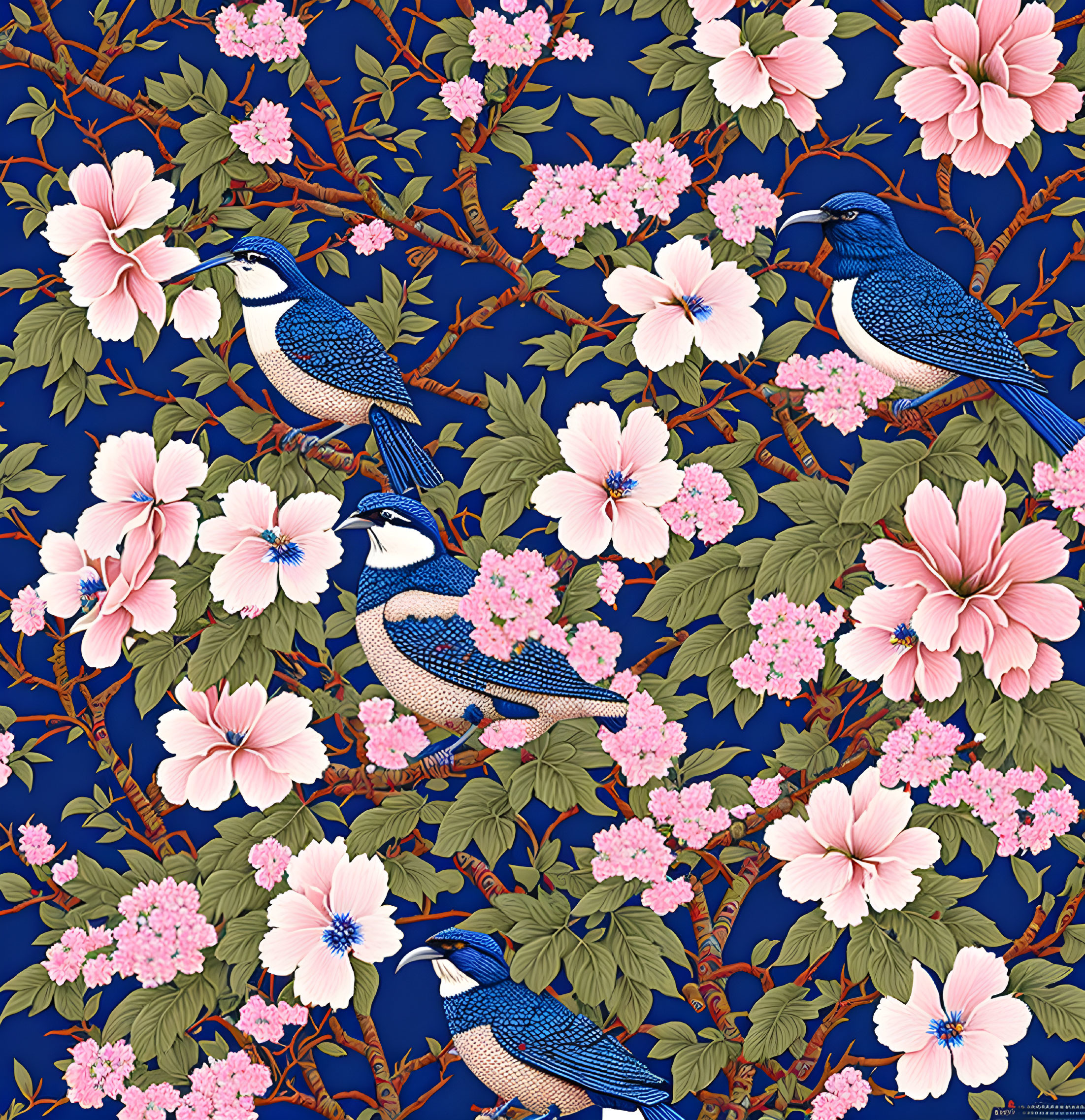 Blue birds and flowers pattern on deep blue background