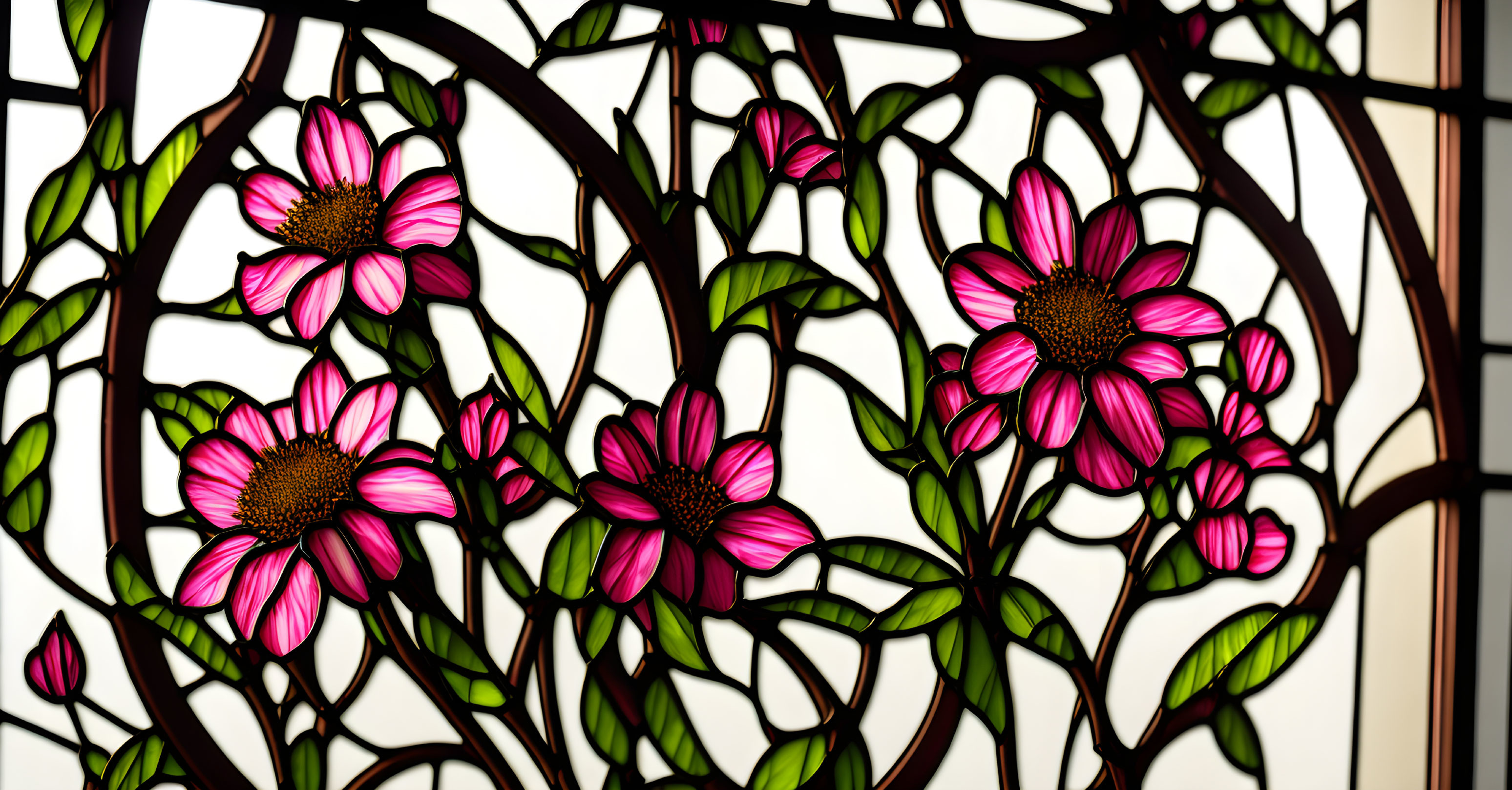 Colorful stained glass panel: pink flowers, green leaves, dark branch pattern