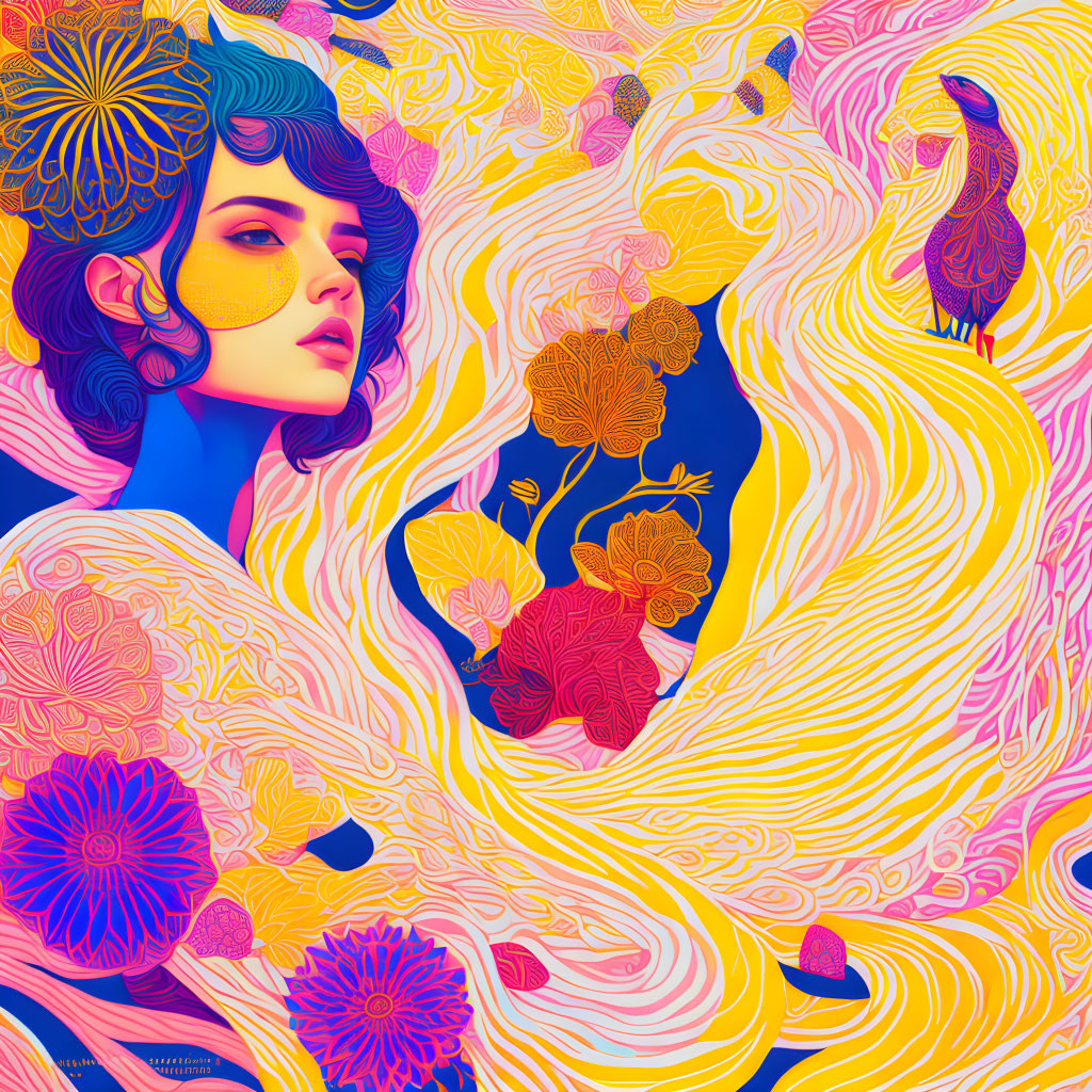 Vibrant illustration of woman with blue hair in psychedelic art style