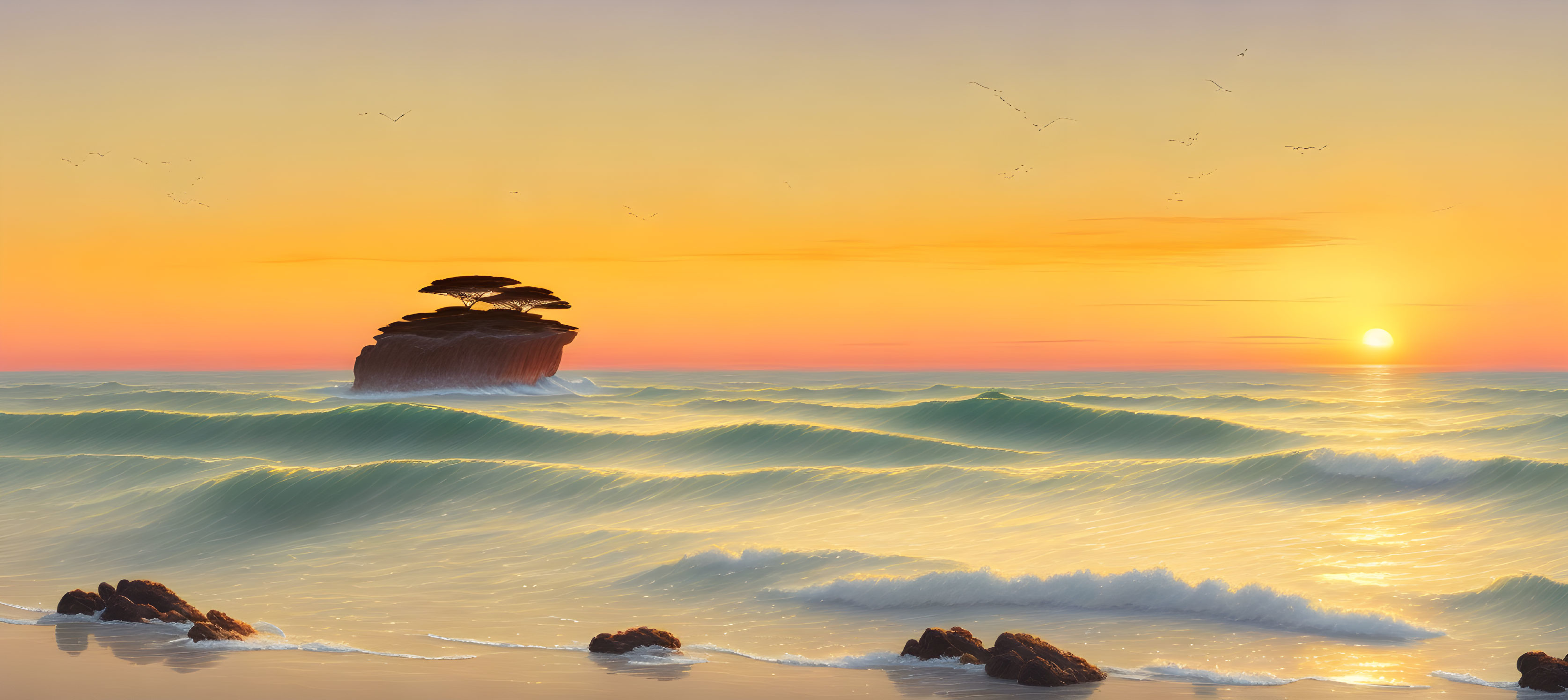 Ocean sunset with rock formation, trees, rolling waves, and birds in the orange sky