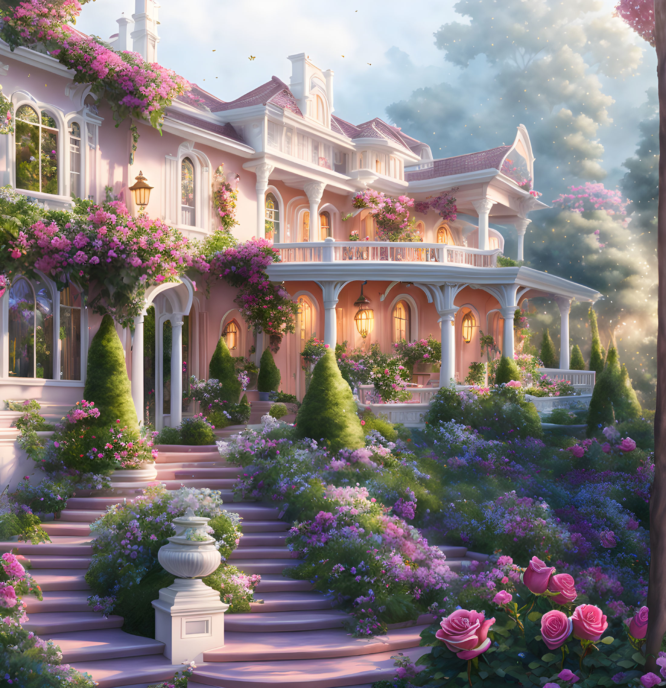 Elegant mansion with lush gardens and pink flowers in soft sunlight