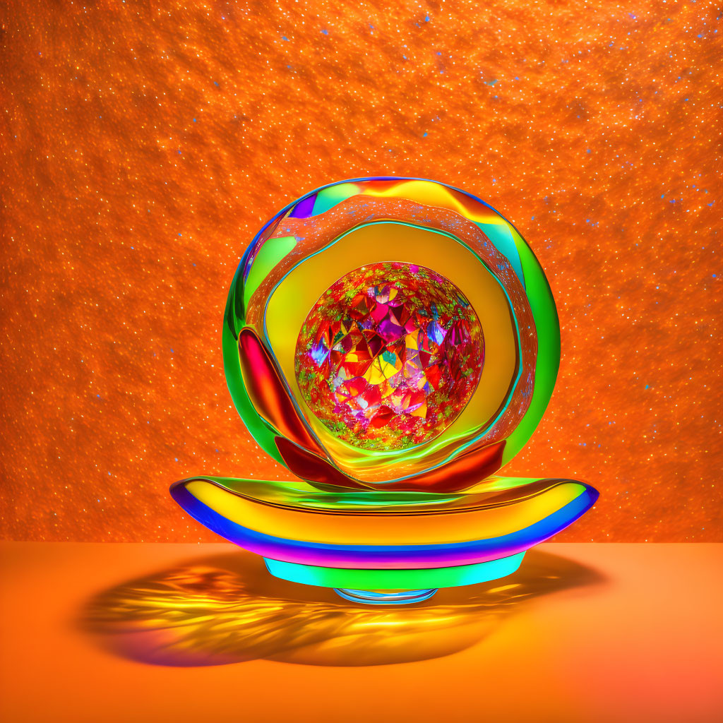 Colorful Glass Sculpture with Concentric Spheres on Orange Glitter Background