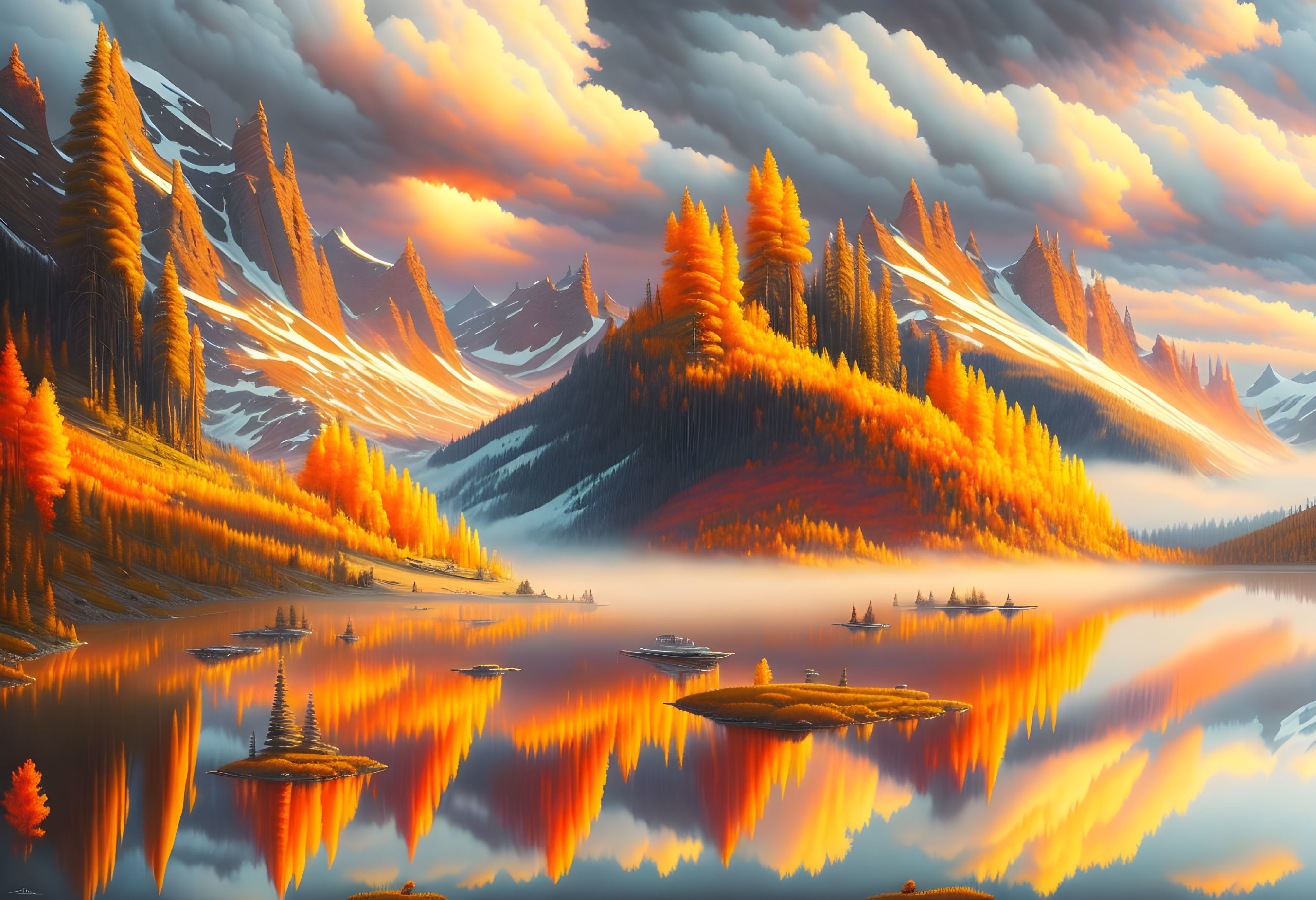 Scenic autumn landscape with golden trees, serene lake, snow-capped mountains, and orange sky