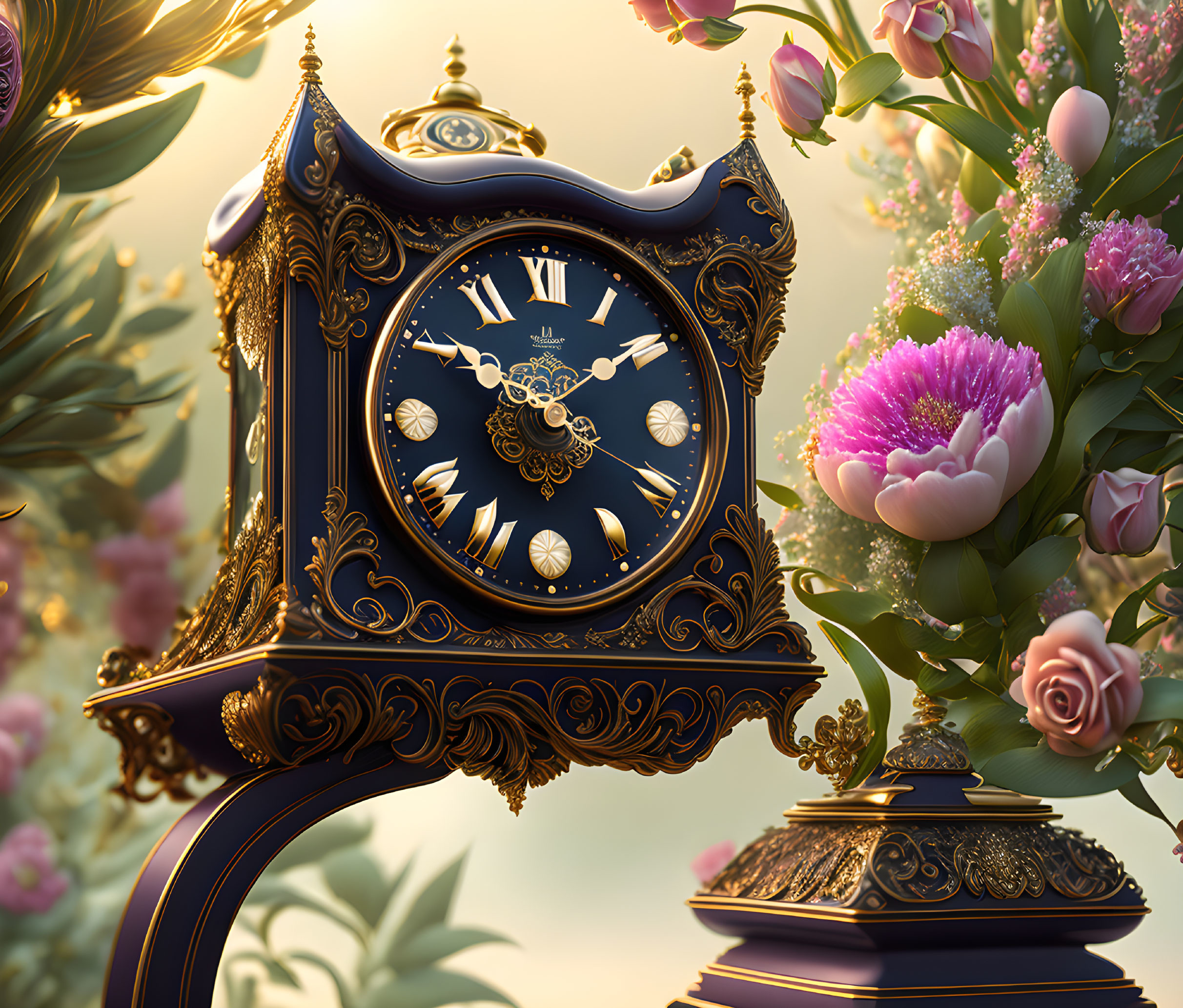 Vintage Clock with Blooming Flowers and Roman Numerals in Warm Light